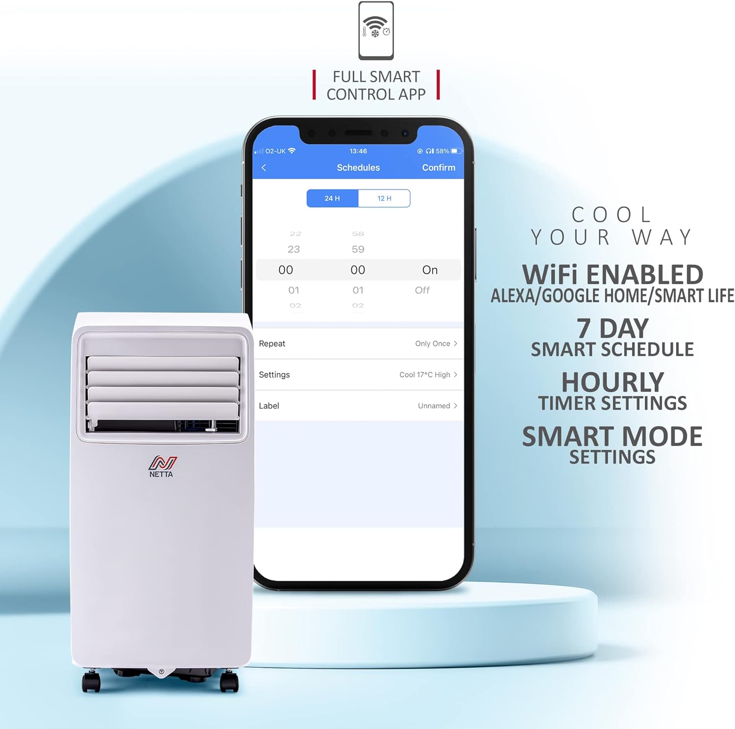 NETTA Portable Air Conditioner 3 - IN - 1 8000BTU, Dehumidifier, Cooling Fan - WiFi Smart App, 3 Speed Settings, Weekly Timer, Remote Control [Energy Class A] - Amazing Gadgets Outlet