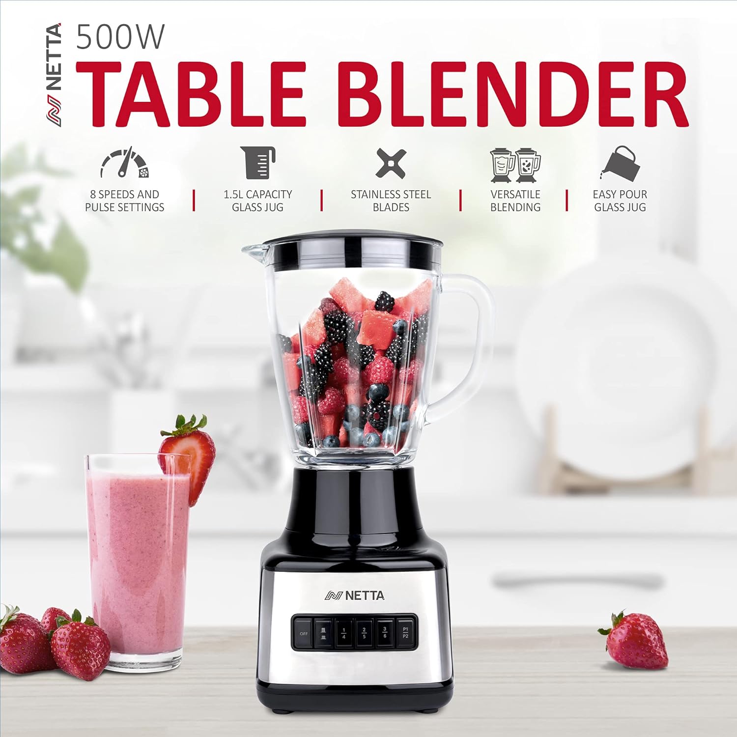 NETTA Table Blender - Smoothie Maker with Glass Jug - Electric Jug Mixer and Grinder - 8 Speed Settings, 500W - Ideal for Liquidisers, Milkshake, Ice Crusher, Smoothies, Fruit Juice, Protein Shake - Amazing Gadgets Outlet