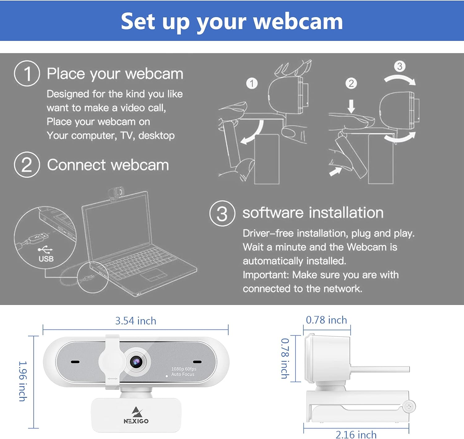 NexiGo N660P 1080P 60FPS Webcam with Software Control, Dual Microphone & Cover, Autofocus, HD USB Computer Web Camera, for OBS/Zoom/Skype/FaceTime/Teams/Twitch, White - Amazing Gadgets Outlet