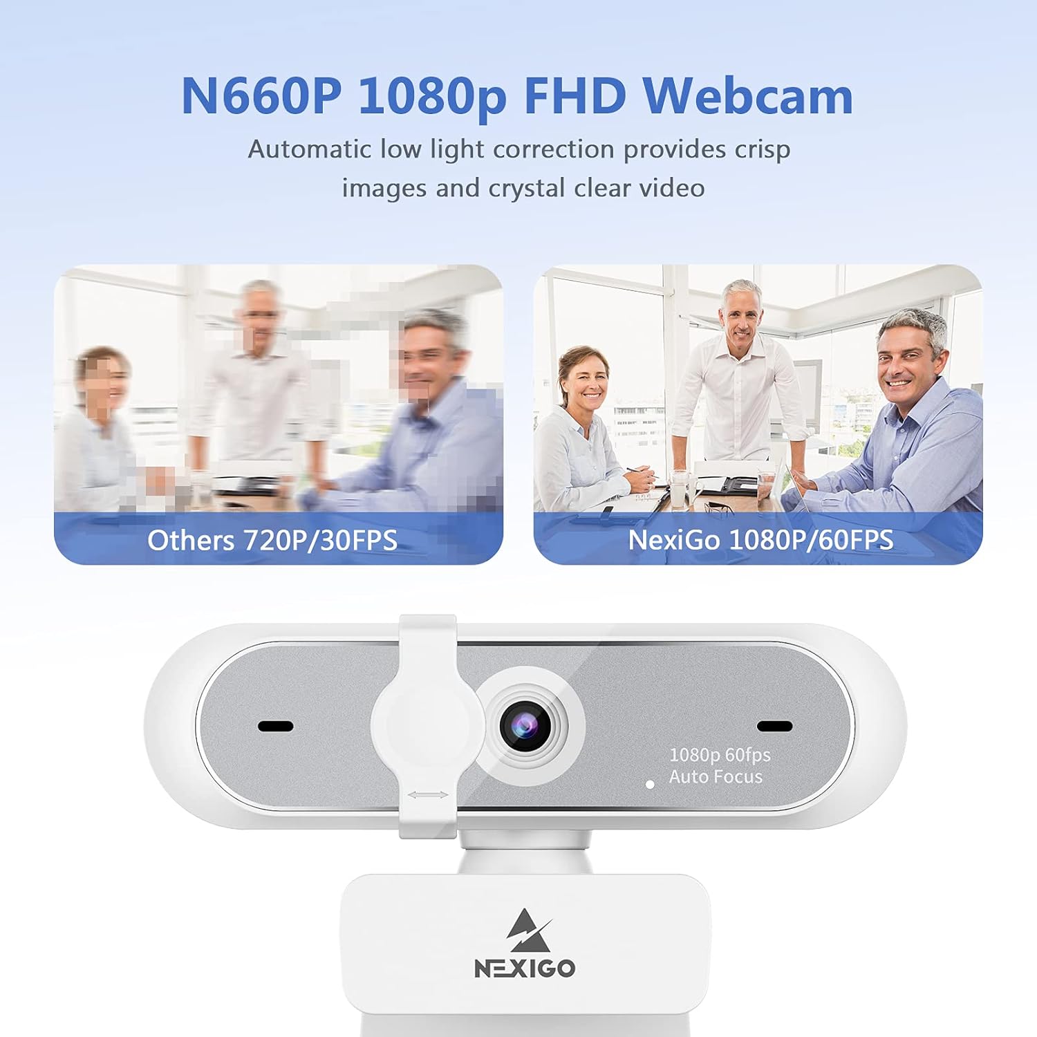 NexiGo N660P 1080P 60FPS Webcam with Software Control, Dual Microphone & Cover, Autofocus, HD USB Computer Web Camera, for OBS/Zoom/Skype/FaceTime/Teams/Twitch, White - Amazing Gadgets Outlet