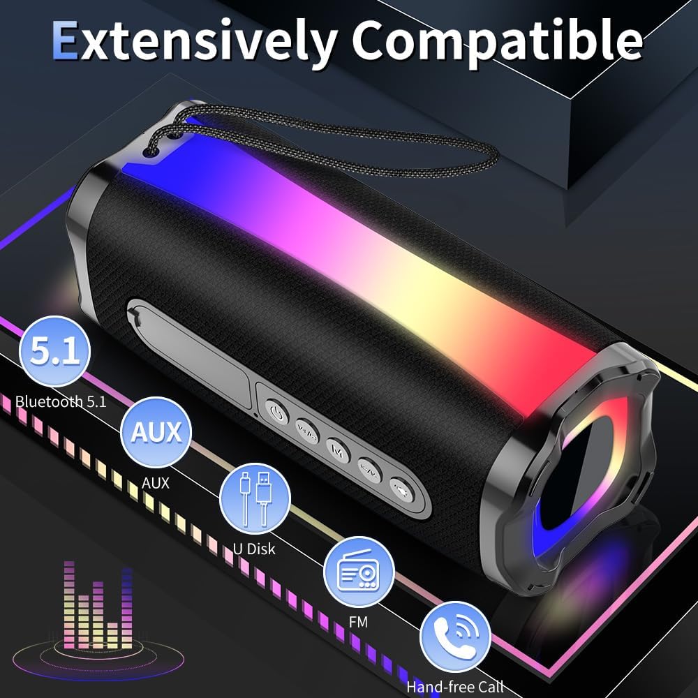 neza Portable Bluetooth Speakers, 20W HD Loud Stereo Sound Wireless Speaker, 18H Playtime Bluetooth 5.1 Speaker with RGB Flashing Lights, IPX7 Waterproof Speakers for Travel/Home/Outdoors, Black - Amazing Gadgets Outlet