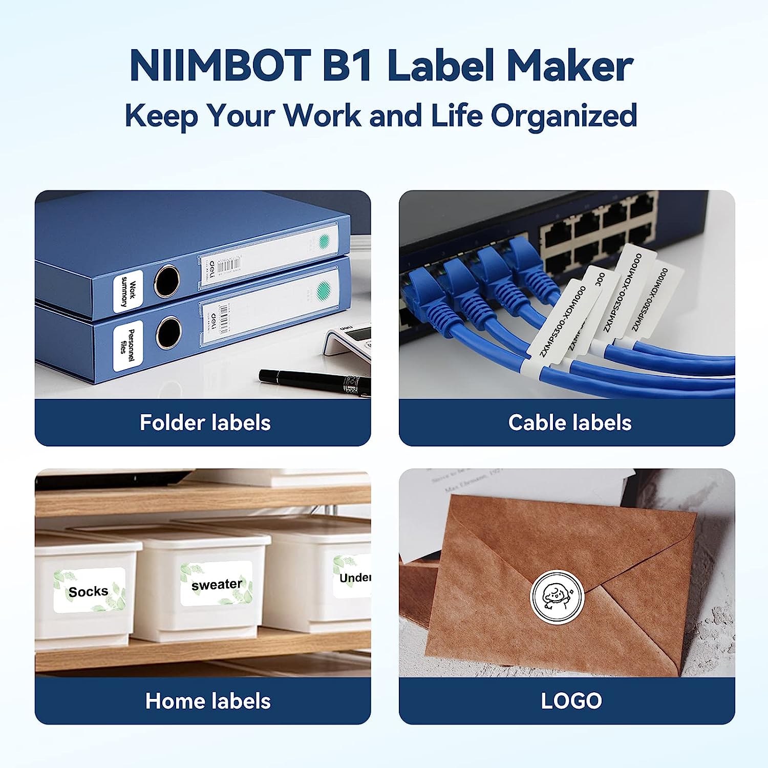 NIIMBOT B1 Label Maker Machine with 1 Roll Starter Tape, Bluetooth Label Printer Thermal Labeler Sticker Printing Size 20 - 50mm Compatible with iOS & Android for Retail, Office, Supermarket (Blue) - Amazing Gadgets Outlet