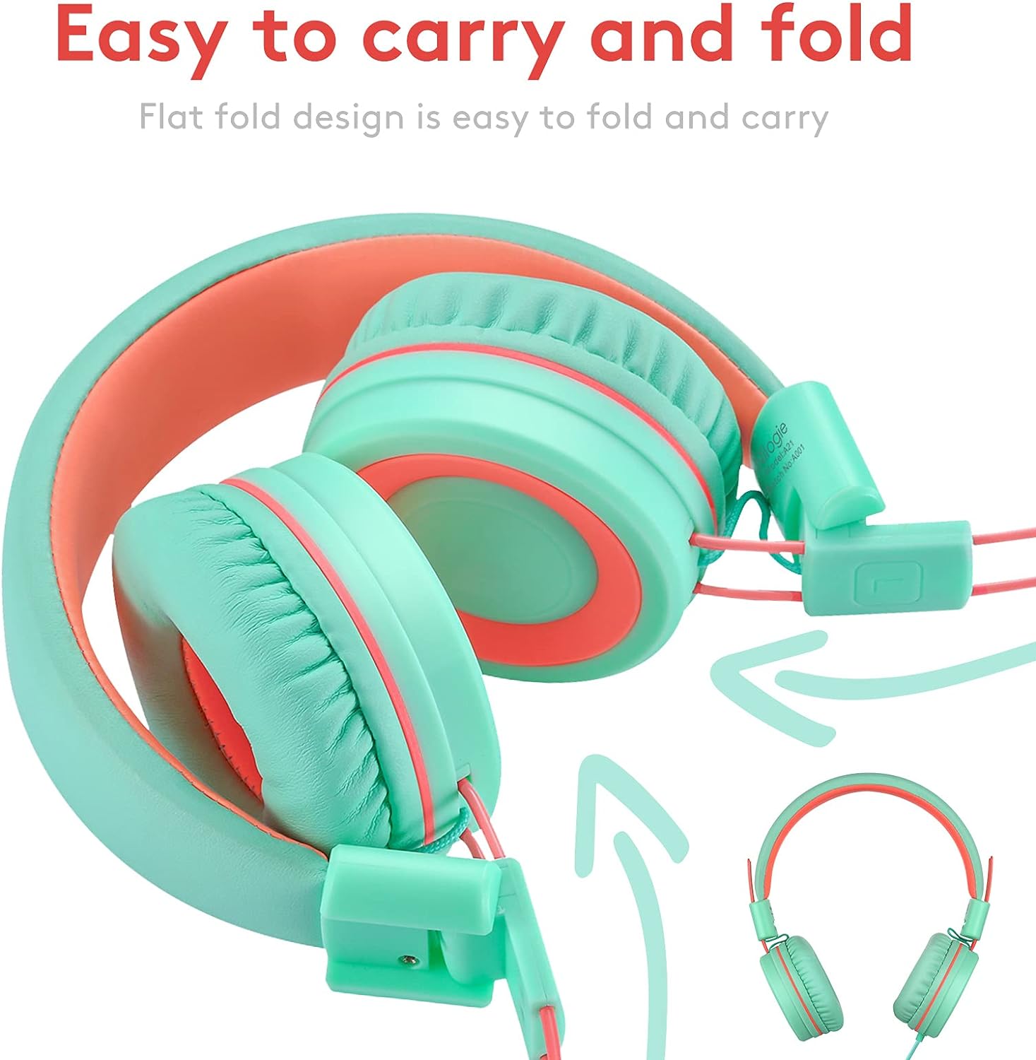 Nilogie A21 Kids Headphones for School/PC/Cellphone/Airplane Travel with 3.5mm Jack Children Boys Girls Foldable Wired On - Ear Headset (Mint Orange) - Amazing Gadgets Outlet