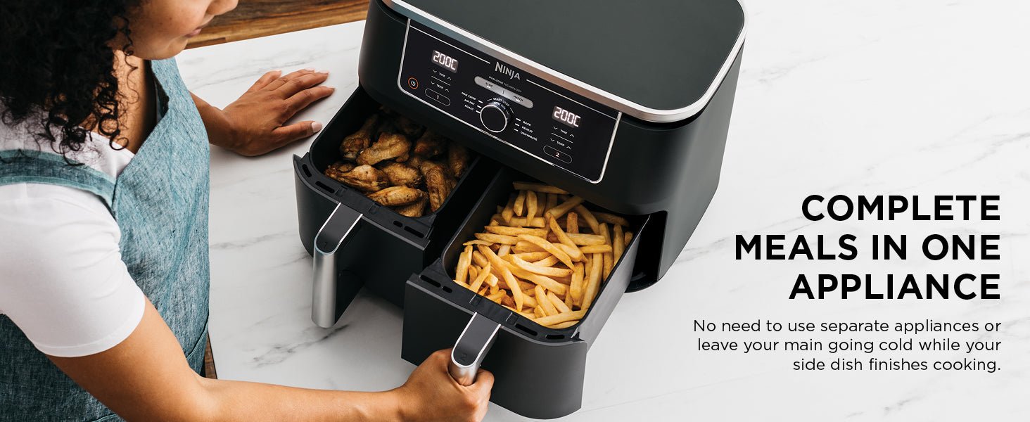 Ninja Foodi MAX Dual Zone Digital Air Fryer, 2 Drawers, 9.5L, 6 - in - 1, Uses No Oil, Max Crisp, Roast, Bake, Reheat, Dehydrate, Cook 8 Portions, Non - Stick Dishwasher Safe Baskets, Black AF400UK   Import  Single ASIN  Import  Multiple ASIN ×Product - Amazing Gadgets Outlet