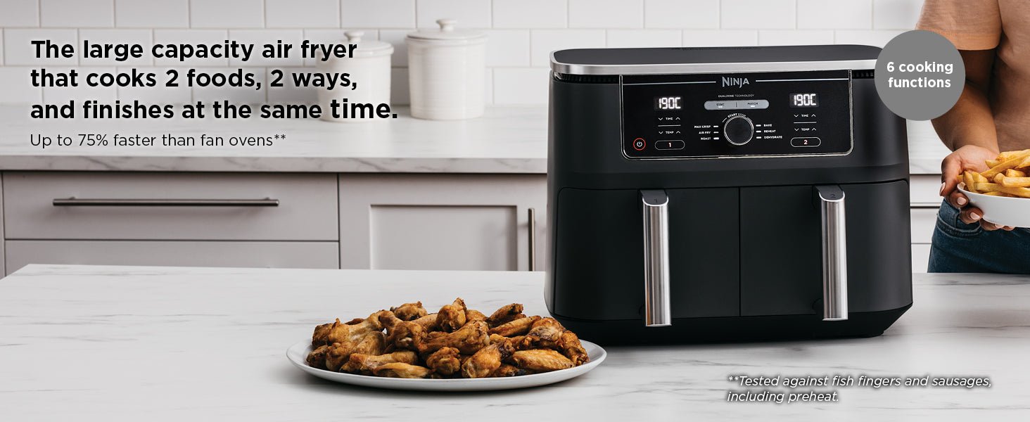 Ninja Foodi MAX Dual Zone Digital Air Fryer, 2 Drawers, 9.5L, 6 - in - 1, Uses No Oil, Max Crisp, Roast, Bake, Reheat, Dehydrate, Cook 8 Portions, Non - Stick Dishwasher Safe Baskets, Black AF400UK   Import  Single ASIN  Import  Multiple ASIN ×Product - Amazing Gadgets Outlet