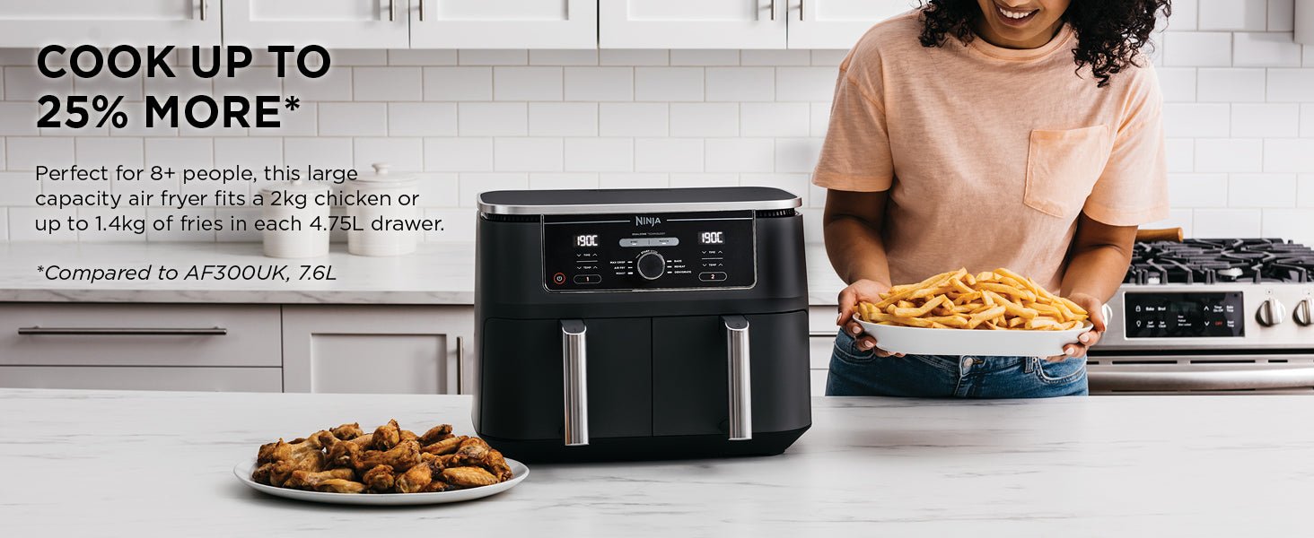 Ninja Foodi MAX Dual Zone Digital Air Fryer, 2 Drawers, 9.5L, 6 - in - 1, Uses No Oil, Max Crisp, Roast, Bake, Reheat, Dehydrate, Cook 8 Portions, Non - Stick Dishwasher Safe Baskets, Black AF400UK   Import  Single ASIN  Import  Multiple ASIN ×Product - Amazing Gadgets Outlet