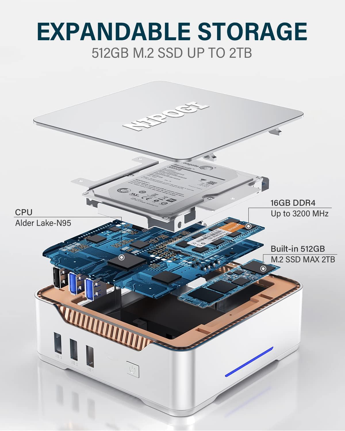 NiPoGi Mini PC W - 11, Intel Alder Lake - N95 (Beats N5095, up to 3.4GHz), 16GB RAM+512GB M.2 SSD Mini Computer Desktop, Support 2.5" SATA SSD, WiFi 5,Bluetooth4.2, Triple Displays - Amazing Gadgets Outlet