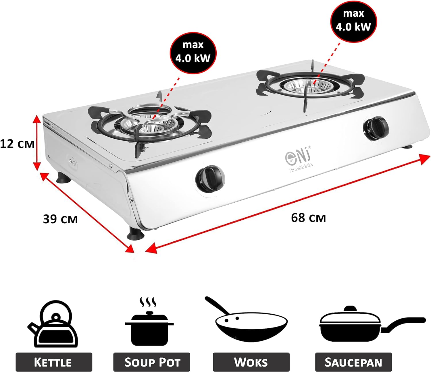 NJ - 200SD Indoor Gas Stove - 2 Burner Portable Gas Hob LPG Cooker Caravan Cooktop Stainless Steel Freestanding Table Top for Home Kitchen Camping Garden Catering 8.0kW - Amazing Gadgets Outlet