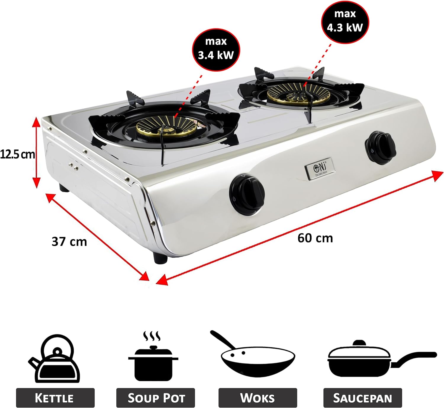 NJ - 60SD Indoor Gas Stove - 2 Burner Portable Gas Hob LPG Cooker 60cm Cooktop Stainless Steel Freestanding Table Top for Home Kitchen Camping Garden Catering 7.7kW - Amazing Gadgets Outlet