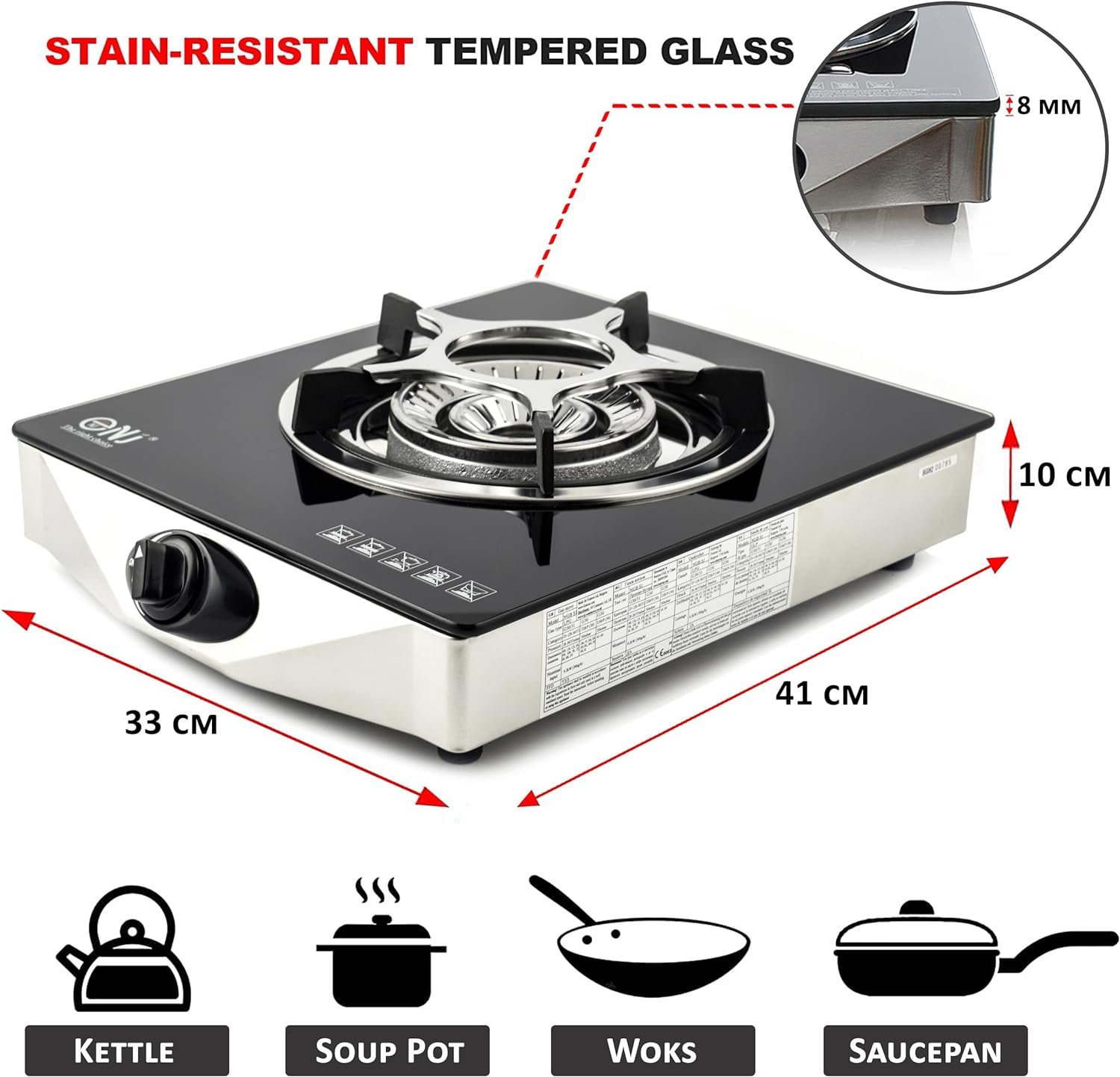 NJ NGB - S1 Indoor Portable Gas Stove - Single Burner Gas Hob Table Top Cooker LPG Cooker For Caravan Black Glass Freestanding Cooktop Camping Outdoor 4.2kW - Amazing Gadgets Outlet