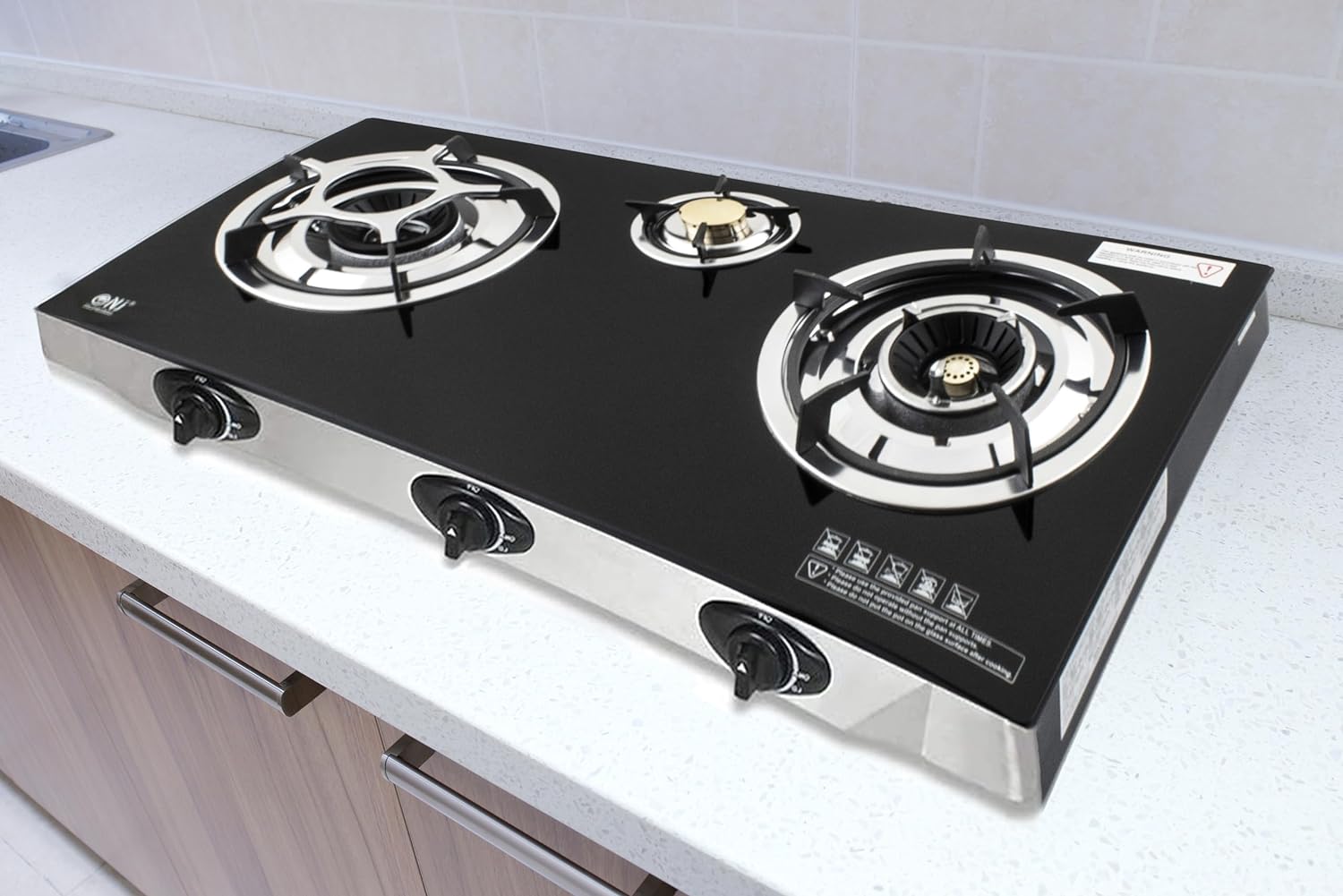 NJ NGB - S3 Indoor Gas Stove - 3 Burner Portable Gas Hob LPG Cooker Cooktop for Caravan Black Glass Freestanding Table Top for Home Kitchen Camping Garden Catering 7.8kW - Amazing Gadgets Outlet