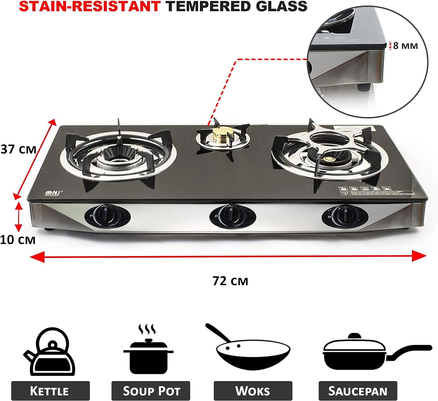 NJ NGB - S3 Indoor Gas Stove - 3 Burner Portable Gas Hob LPG Cooker Cooktop for Caravan Black Glass Freestanding Table Top for Home Kitchen Camping Garden Catering 7.8kW - Amazing Gadgets Outlet