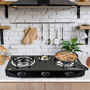 NJ NGB - S3 Indoor Gas Stove - 3 Burner Portable Gas Hob LPG Cooker Cooktop for Caravan Black Glass Freestanding Table Top for Home Kitchen Camping Garden Catering 7.8kW - Amazing Gadgets Outlet