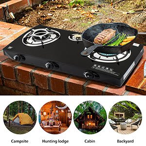 NJ NGB - S3 Indoor Gas Stove - 3 Burner Portable Gas Hob LPG Cooker Cooktop for Caravan Black Glass Freestanding Table Top for Home Kitchen Camping Garden Catering 7.8kW - Amazing Gadgets Outlet