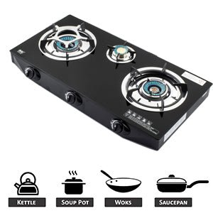 NJ NGB - S3 Indoor Gas Stove - 3 Burner Portable Gas Hob LPG Cooker Cooktop for Caravan Black Glass Freestanding Table Top for Home Kitchen Camping Garden Catering 7.8kW - Amazing Gadgets Outlet