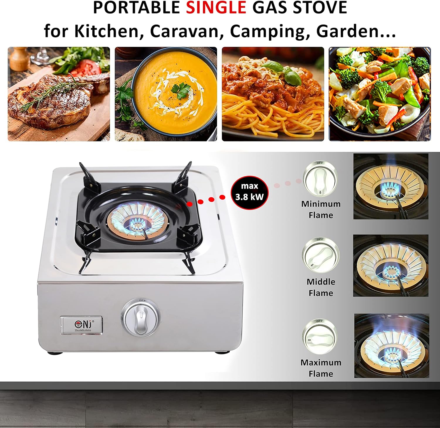 NJ NSD - 11 Portable Gas Stove 1 Burner - Wok Burner Ring Indoor Gas Cooker LPG Gas Hob Cooktop Stainless Steel Efficient Tabletop for Caravan Home Kitchen Camping Garden Catering - Amazing Gadgets Outlet