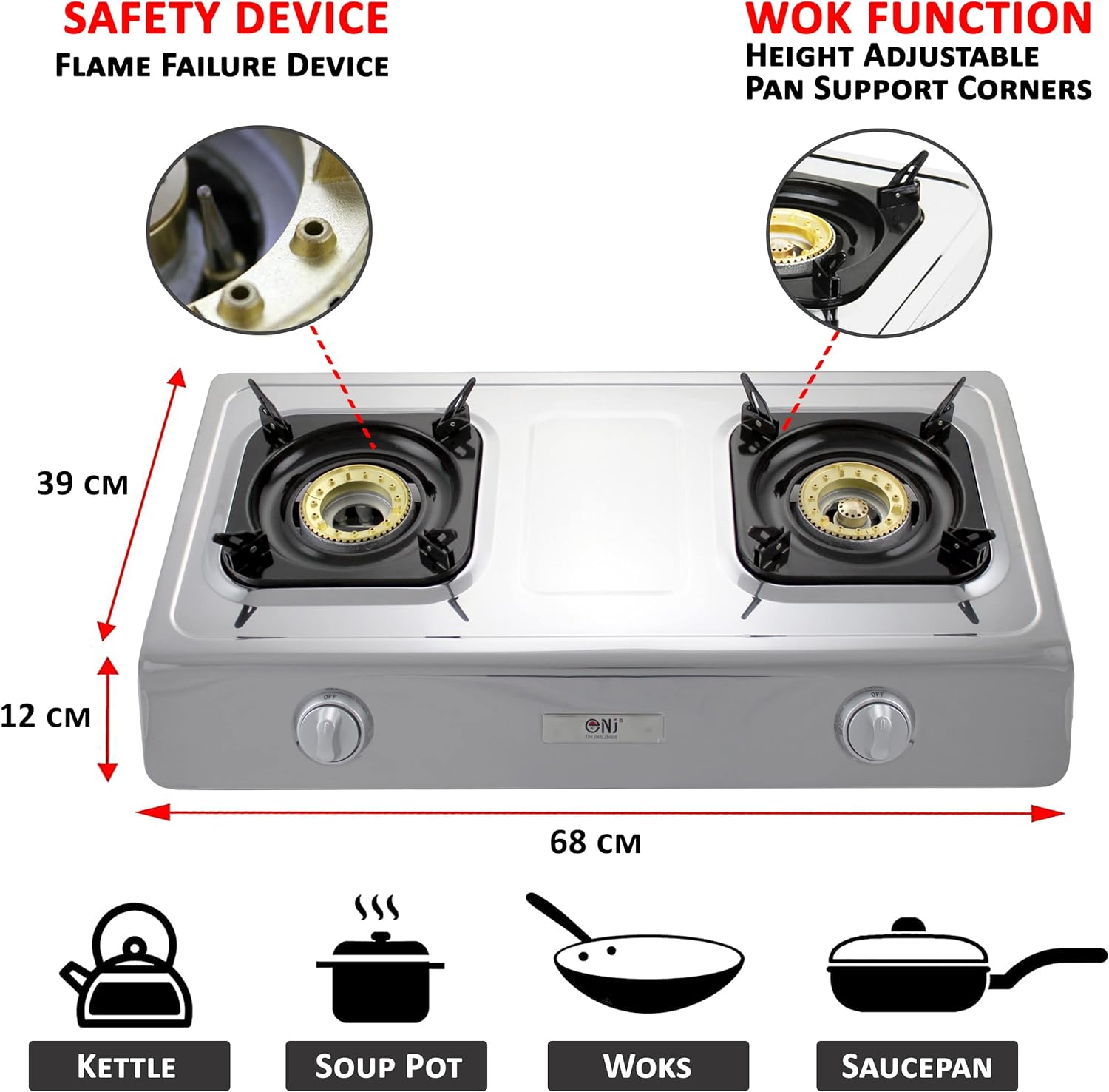 NJ NSD - 2 Portable Gas Stove 2 Burner - Wok Burner Ring Indoor Gas Cooker LPG Gas Hob Cooktop Stainless Steel Efficient Tabletop for Caravan Home Kitchen Camping Garden Catering - Amazing Gadgets Outlet