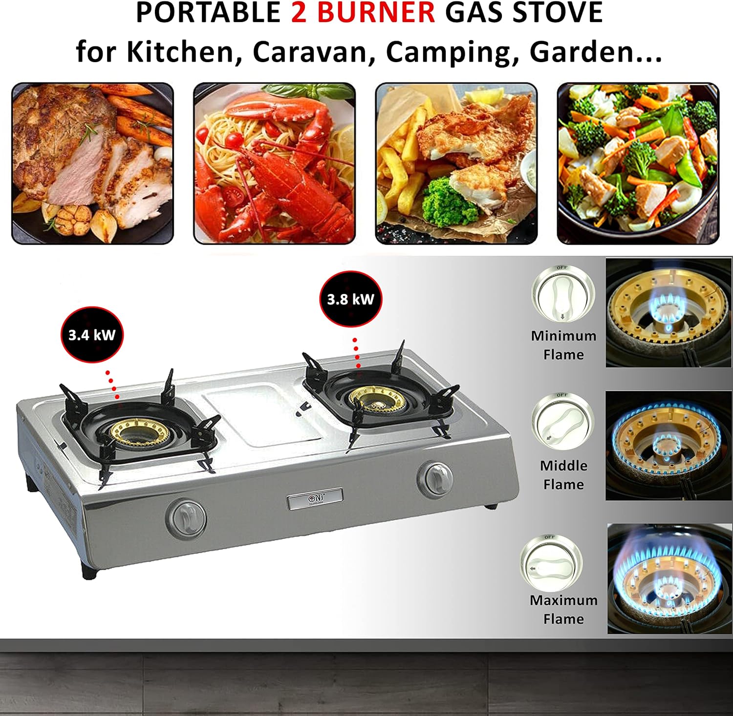 NJ NSD - 2 Portable Gas Stove 2 Burner - Wok Burner Ring Indoor Gas Cooker LPG Gas Hob Cooktop Stainless Steel Efficient Tabletop for Caravan Home Kitchen Camping Garden Catering - Amazing Gadgets Outlet