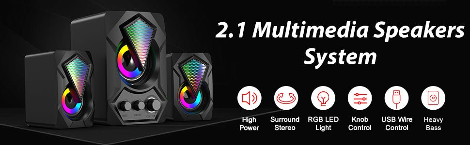 NJSJ PC Speakers with Subwoofer,USB - Powered Mini 2.1 Stereo Multimedia Speaker System with RGB Gaming LED Light up Wired 3.5mm Audio for Computer Laptop Monitor,Tablets,Music Player,11W - Amazing Gadgets Outlet