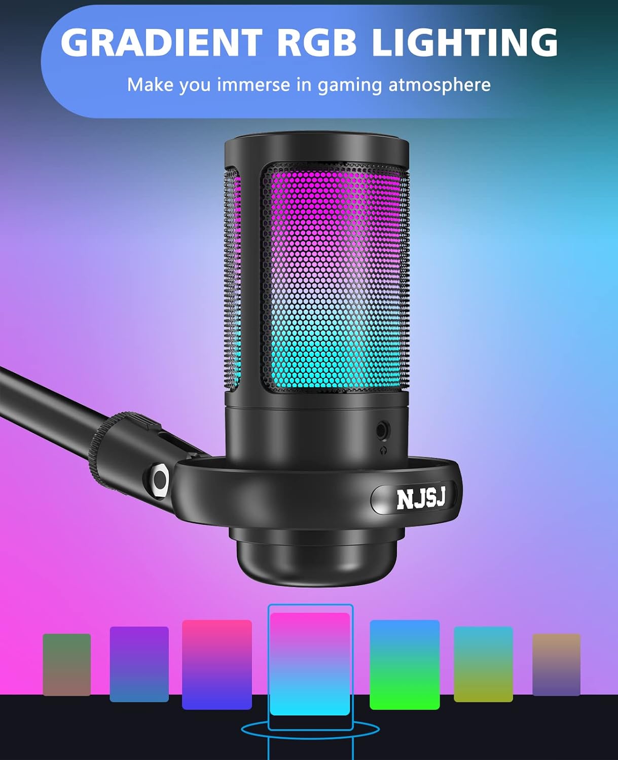 NJSJ USB Microphone for PC, RGB Gaming Mic with Mute Button, Condenser Microphone with Gain knob & Monitoring Jack for Recording, Streaming, Podcasting（Black） - Amazing Gadgets Outlet