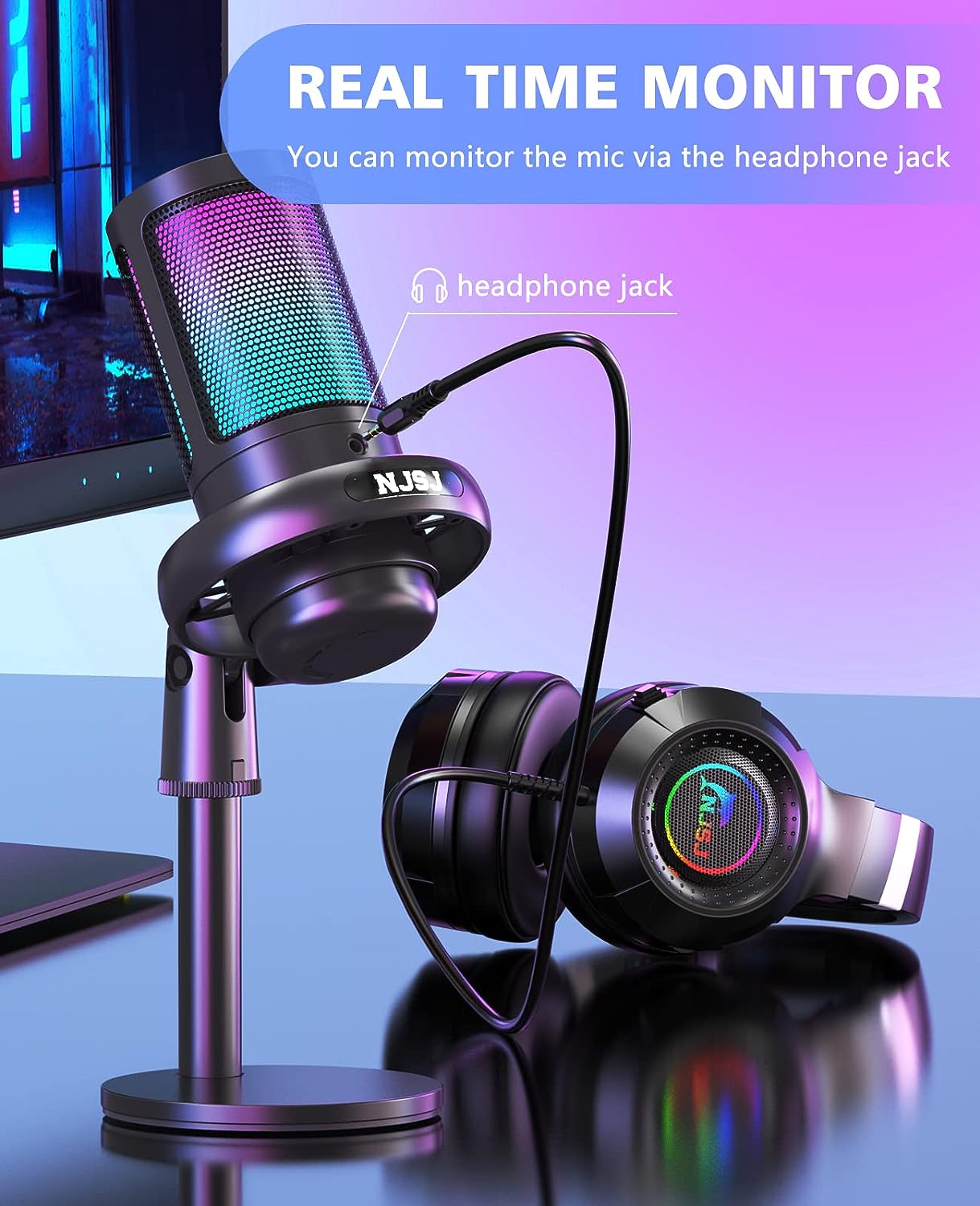 NJSJ USB Microphone for PC, RGB Gaming Mic with Mute Button, Condenser Microphone with Gain knob & Monitoring Jack for Recording, Streaming, Podcasting（Black） - Amazing Gadgets Outlet