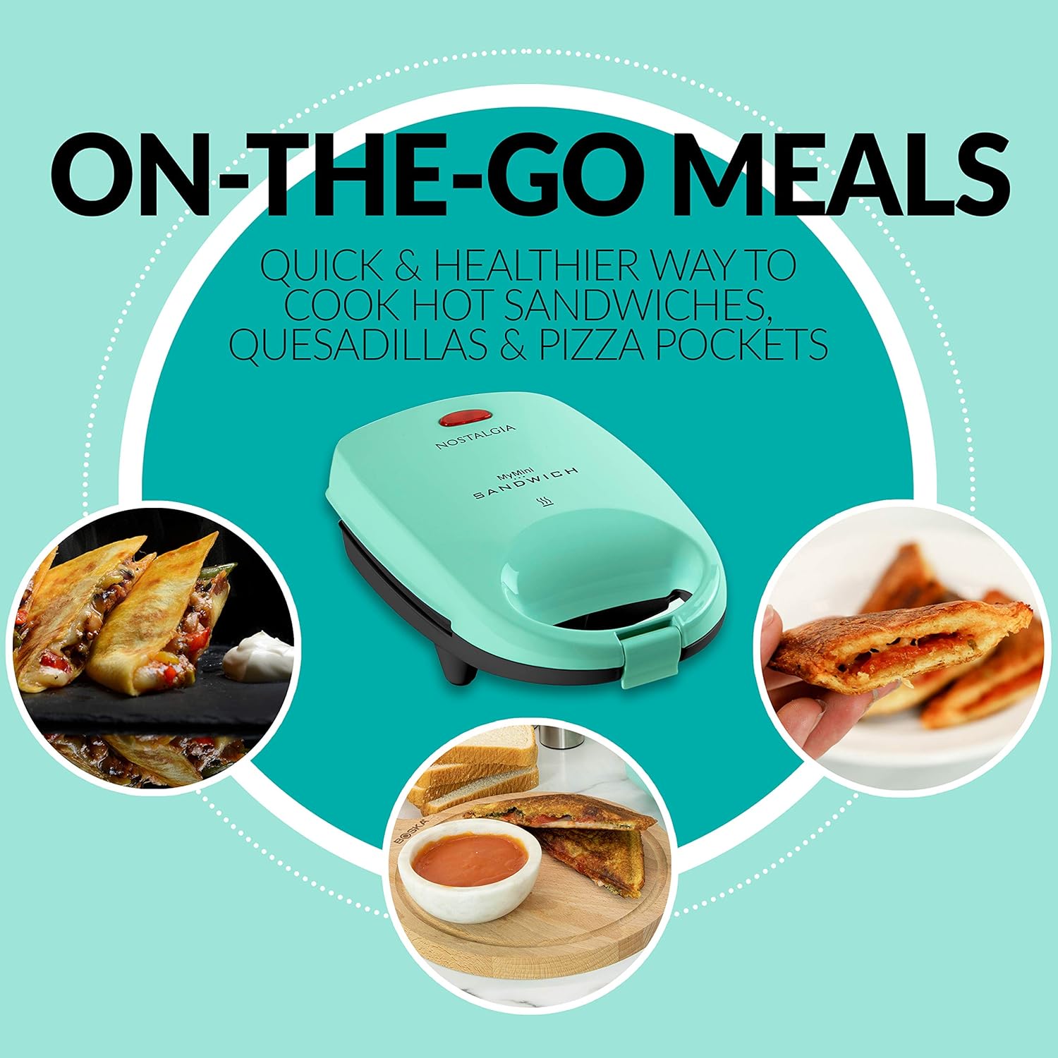 Nostalgia MSAND5MG MyMini Personal Sandwich Maker Pizza Pockets, Quesadillas, Breakfast, Paninis, Mini, Mint Green - Amazing Gadgets Outlet