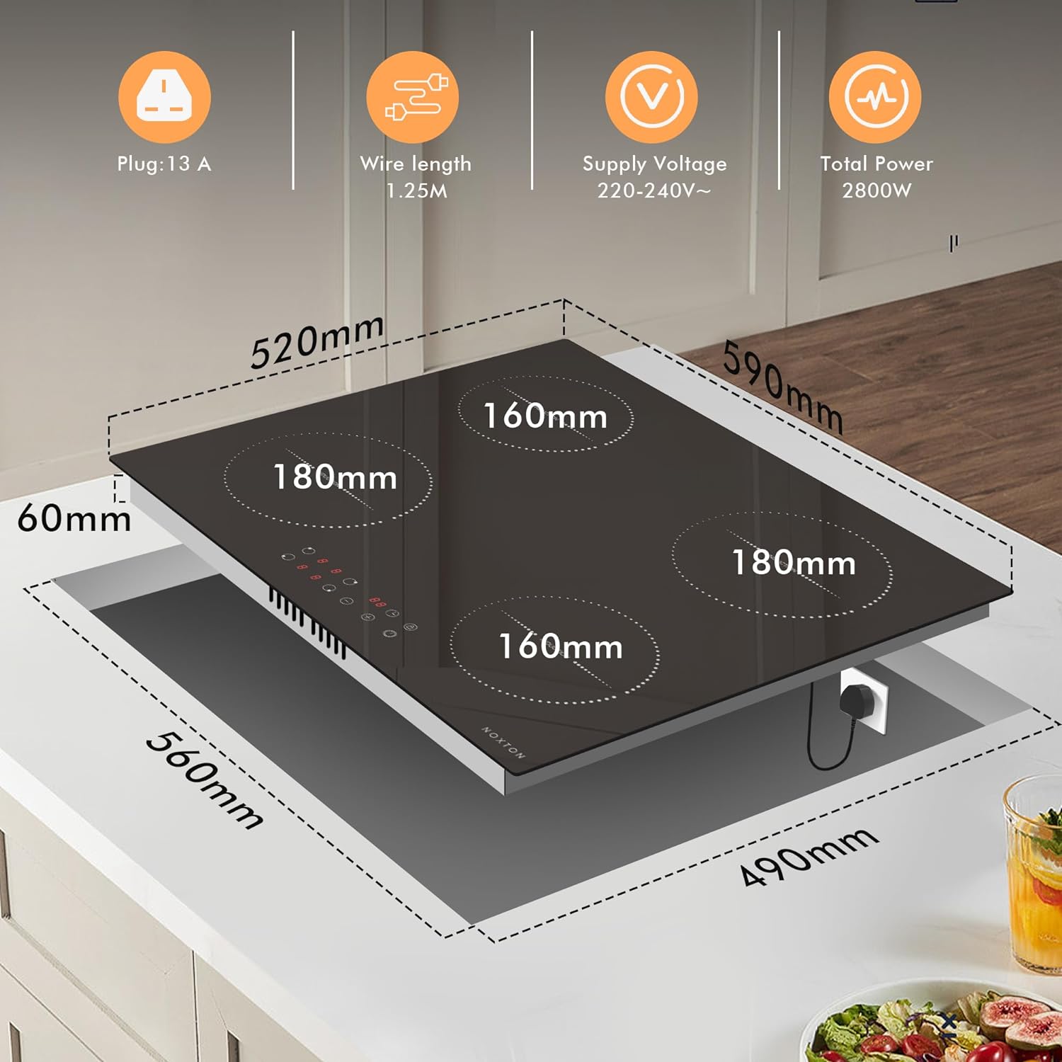 Noxton Plug in Induction Hob, 4 Zones Electric Hob 60cm, Touch Control with Child Safety Lock,UP to 99 Min Timer Black Crystal Glass - Amazing Gadgets Outlet