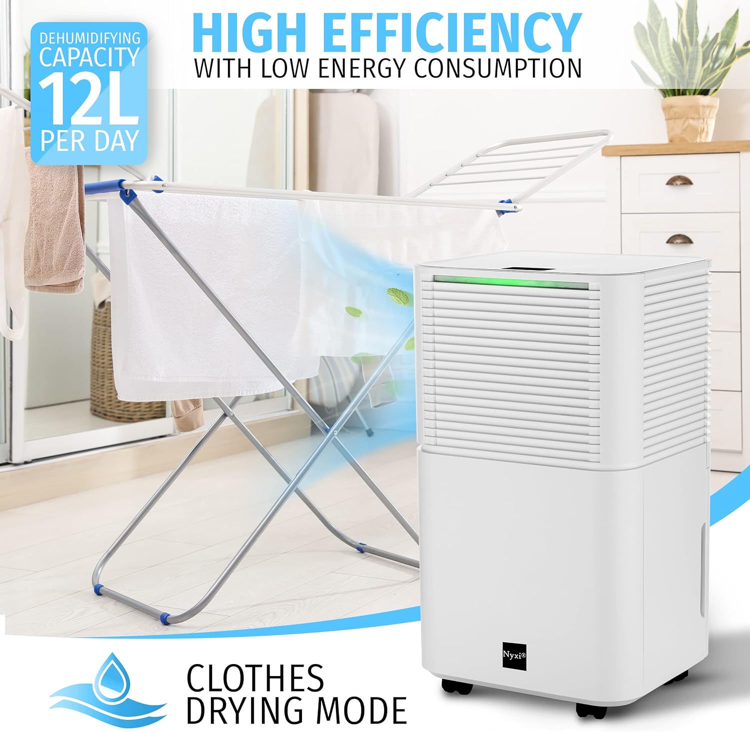 Nyxi 12L Home Dehumidifier, Clothes Drying Function, Continues Drainage, 24 Hours Timer, Removes Condensation, Damp, Moisture and Purifies Air, Ideal for Homes, Offices, Basements, Laundry   Import  Single ASIN  Import  Multiple ASIN ×Product cus - Amazing Gadgets Outlet