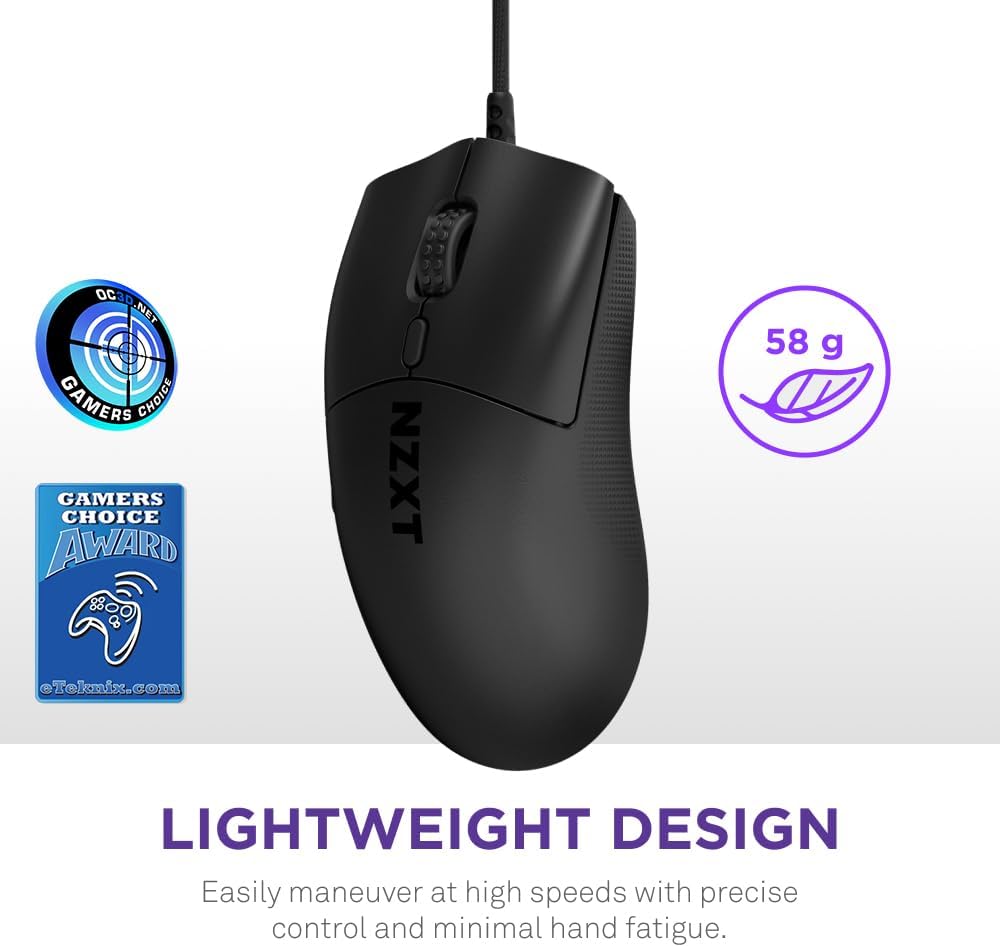 NZXT Lift 2 Symm | Lightweight Symmetrical Wired Gaming Mouse | Lightweight 58 g Design | 8K Polling Rate | Optical Switches | 26K DPI Optical Sensor | 100% PTFE Feet | Black - Amazing Gadgets Outlet