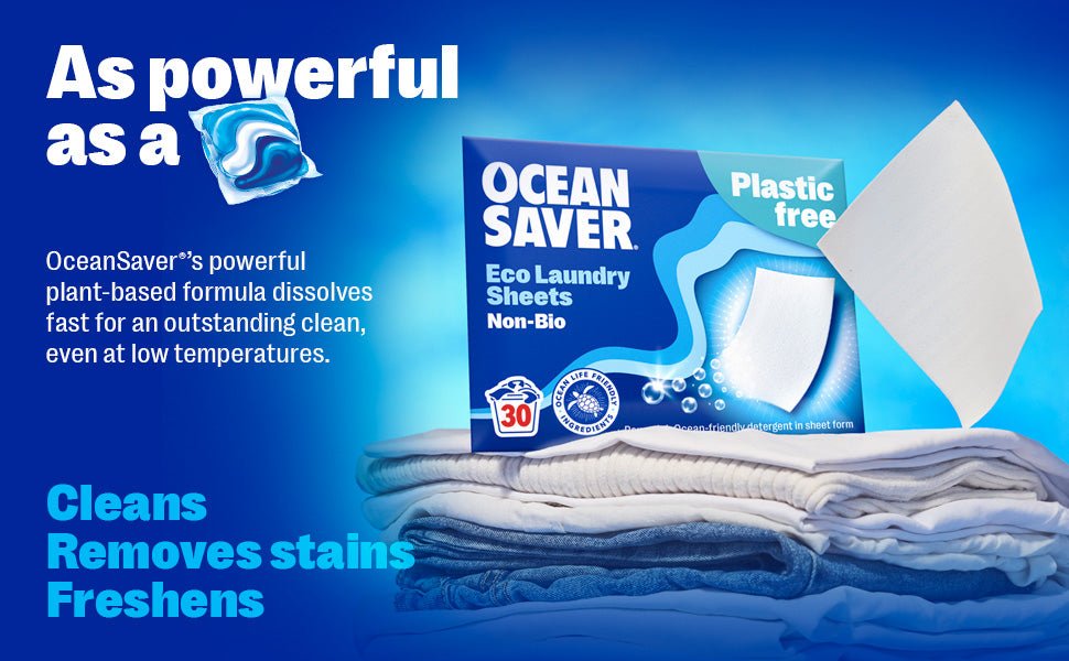 OceanSaver Eco Laundry Detergent Sheets | Non - Bio | Eco - Friendly, Biodegradable & Freshly Scented | Zero - Waste & Removes Tough Stains | Vegan, Plastic & Cruelty - Free | Plant Based Formula (30 Sheets) - Amazing Gadgets Outlet