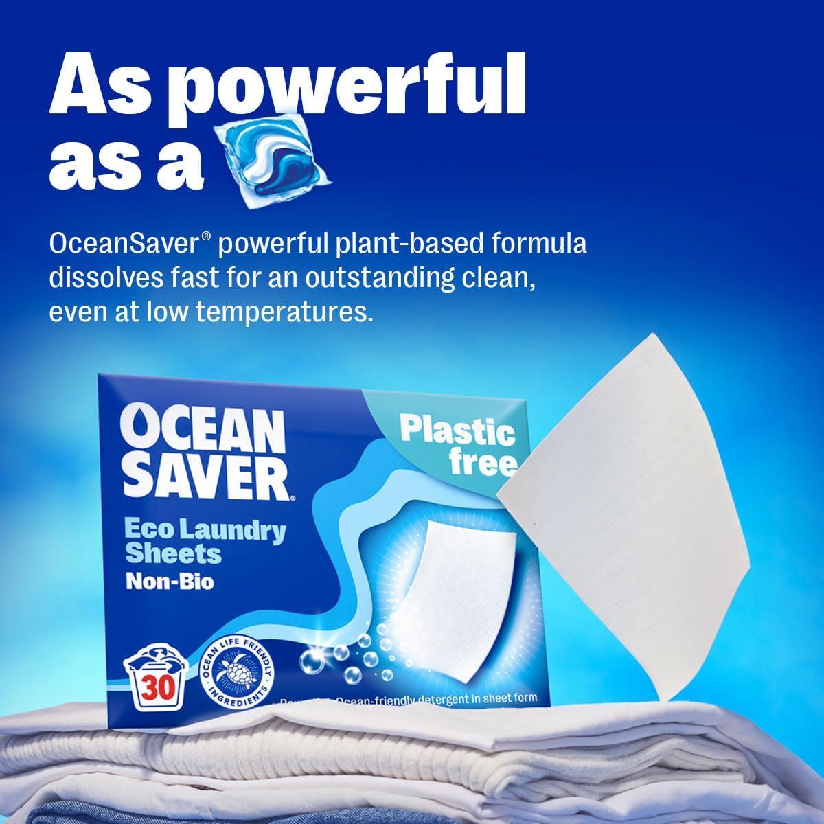 OceanSaver Eco Laundry Detergent Sheets | Non - Bio | Eco - Friendly, Biodegradable & Freshly Scented | Zero - Waste & Removes Tough Stains | Vegan, Plastic & Cruelty - Free | Plant Based Formula (30 Sheets) - Amazing Gadgets Outlet