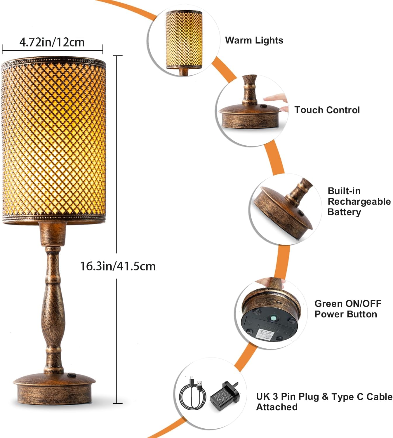 OCEST Rechargeable Battery Powered Table Lamp, Touch Dimmable Light Bedside Lamp, Antique Bronze Metal Small Desk Nightstand End Table Cordless Lamp for Bedroom Dresser Dining Room - Amazing Gadgets Outlet