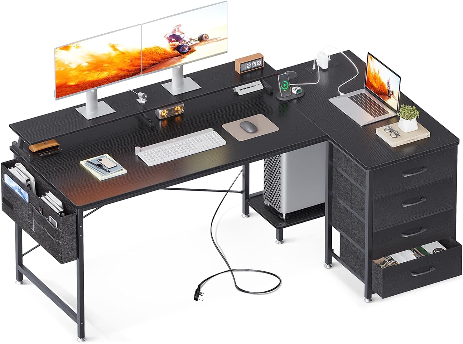 ODK Corner Desk with Drawers, L Shaped Computer Desk with USB Charging Port & Power Outlet, Home Office Desk with Monitor Stand and PC Stand, 55 Inch Gaming Desks Workstations, Black - Amazing Gadgets Outlet