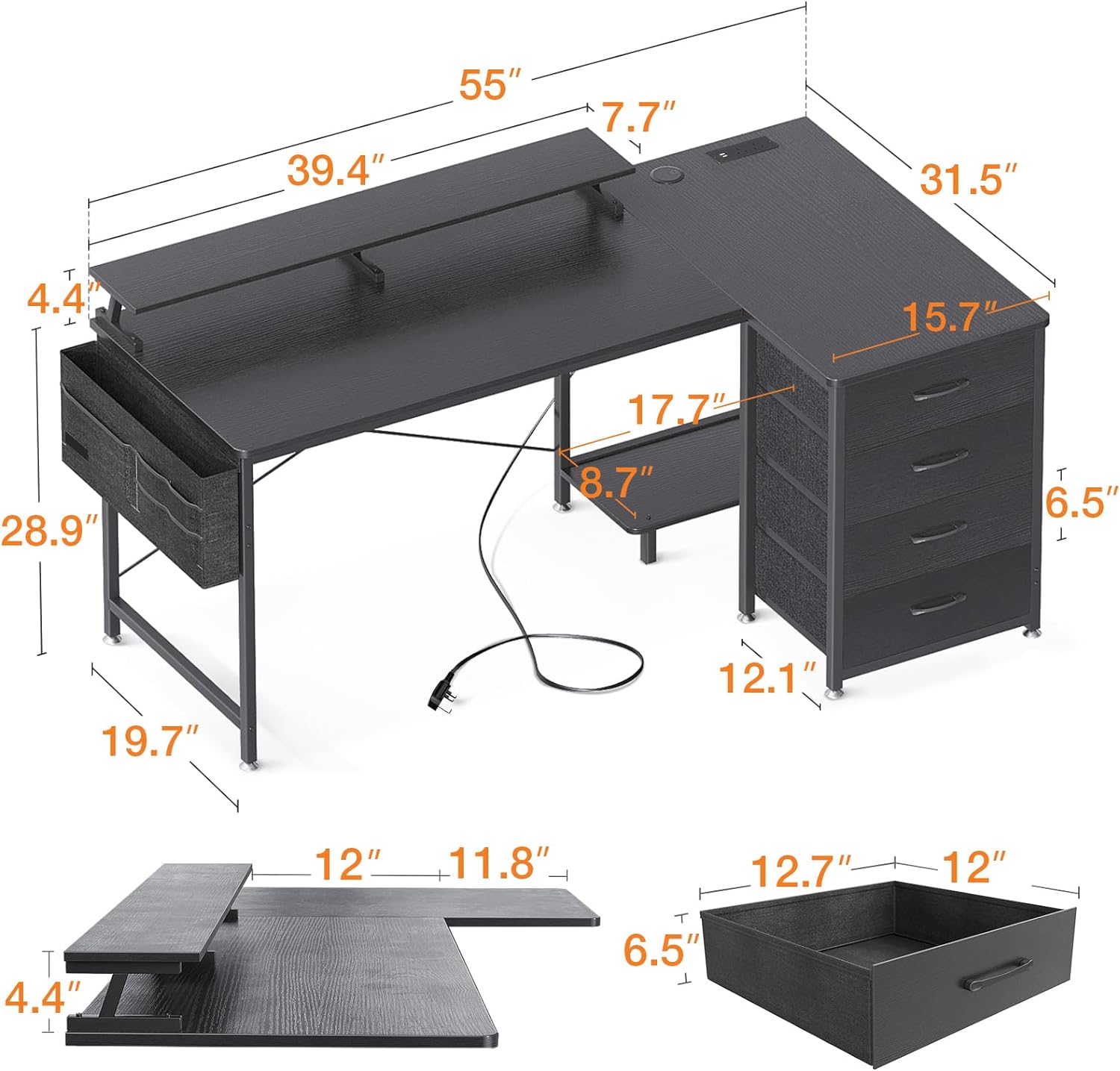 ODK Corner Desk with Drawers, L Shaped Computer Desk with USB Charging Port & Power Outlet, Home Office Desk with Monitor Stand and PC Stand, 55 Inch Gaming Desks Workstations, Black - Amazing Gadgets Outlet