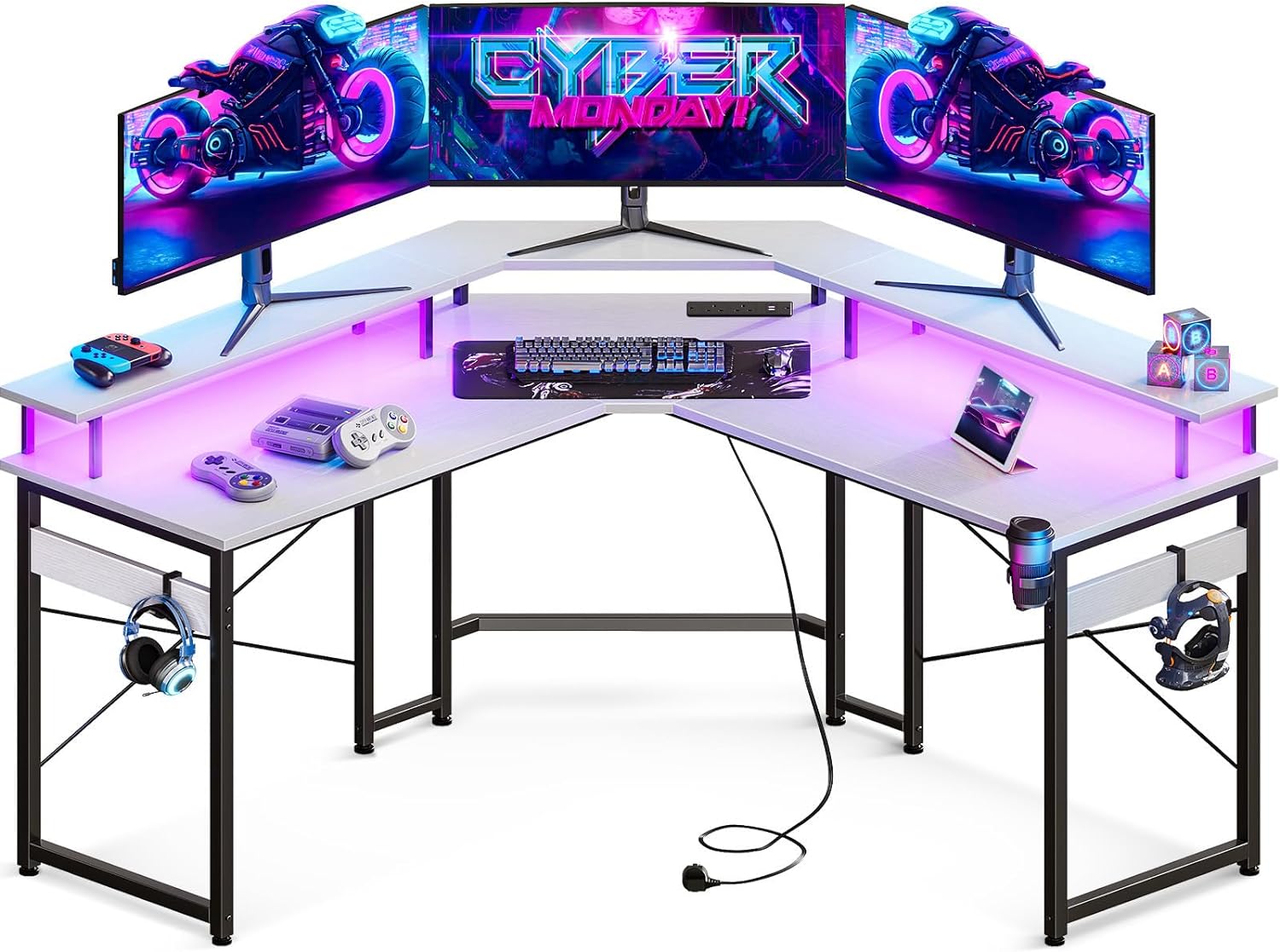 ODK L Shaped Gaming Desk, Computer Desk with LED Lights, Corner Desk with 2 Sockets and 2 USB Charging Ports, Full Monitor Stand Gaming table for Home Office (White, 129 x 129 cm) - Amazing Gadgets Outlet