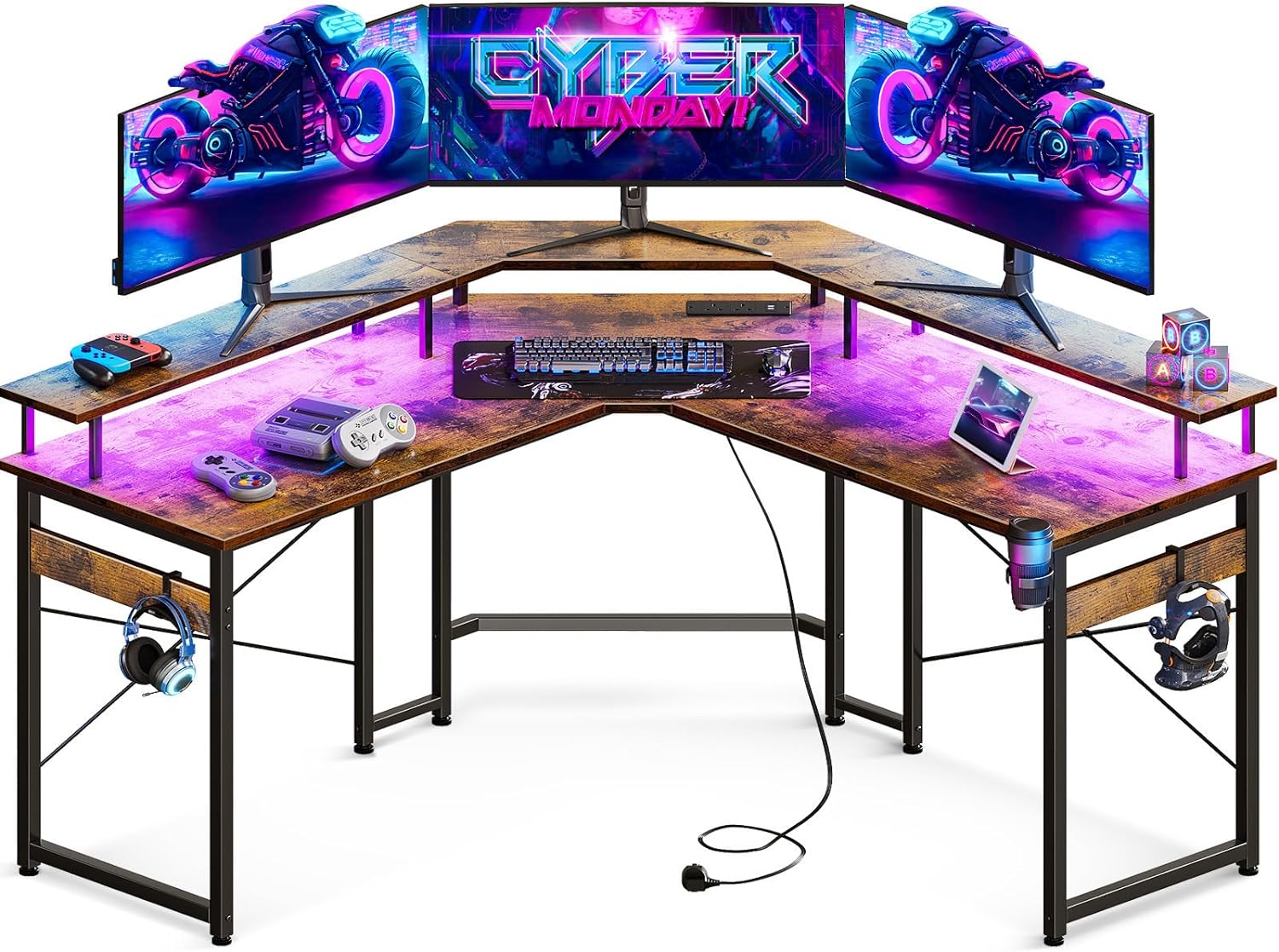 ODK L Shaped Gaming Desk, Computer Desk with LED Lights, Corner Desk with 2 Sockets and 2 USB Charging Ports, Full Monitor Stand Gaming table for Home Office (White, 129 x 129 cm) - Amazing Gadgets Outlet