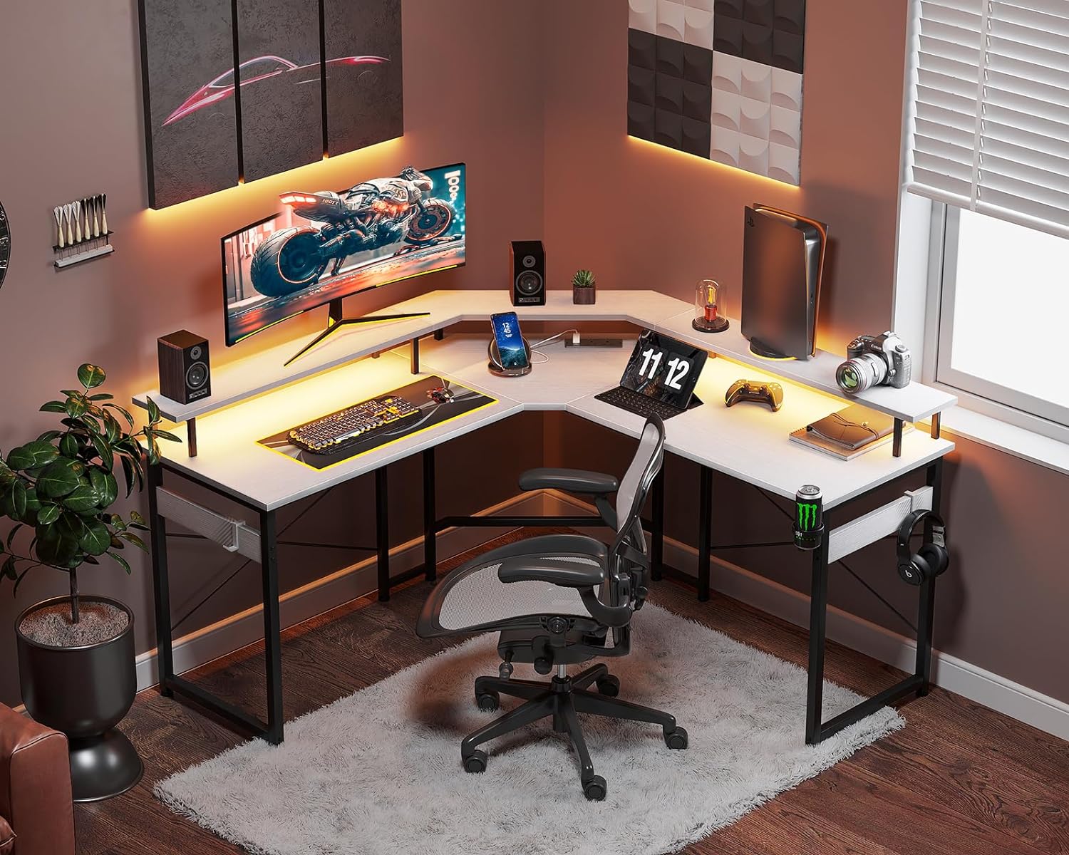 ODK L Shaped Gaming Desk, Computer Desk with LED Lights, Corner Desk with 2 Sockets and 2 USB Charging Ports, Full Monitor Stand Gaming table for Home Office (White, 129 x 129 cm) - Amazing Gadgets Outlet