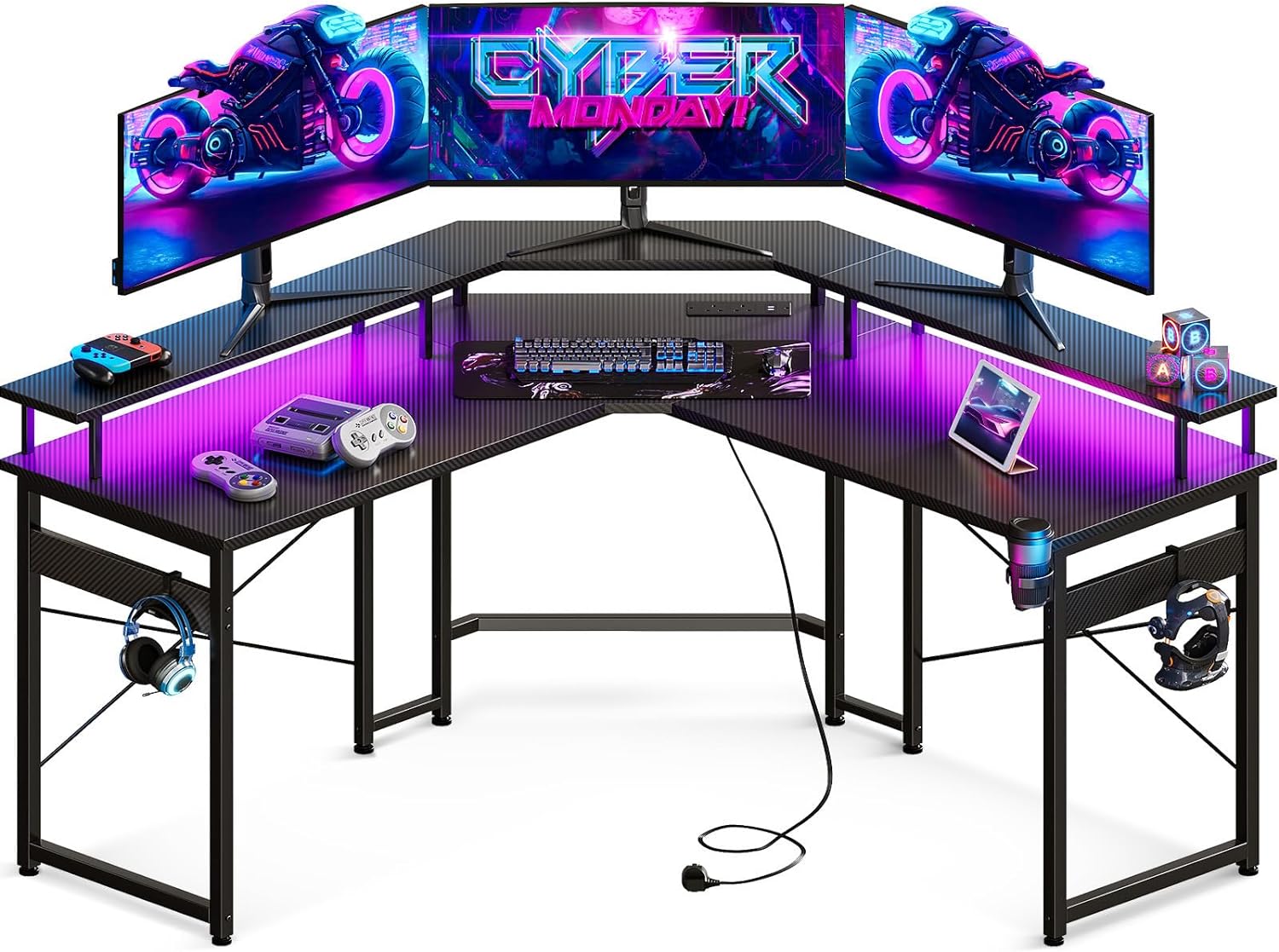 ODK L Shaped Gaming Desk, Computer Desk with LED Lights, Corner Desk with 2 Sockets and 2 USB Charging Ports, Full Monitor Stand Gaming table for Home Office (White, 129 x 129 cm) - Amazing Gadgets Outlet