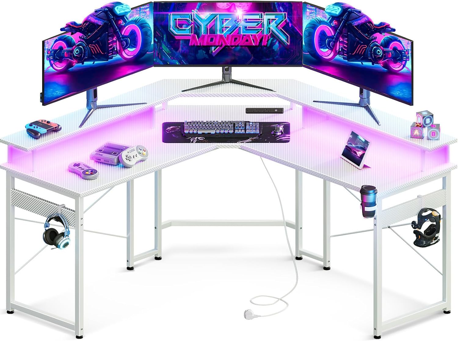 ODK L Shaped Gaming Desk, Computer Desk with LED Lights, Corner Desk with 2 Sockets and 2 USB Charging Ports, Full Monitor Stand Gaming table for Home Office (White, 129 x 129 cm) - Amazing Gadgets Outlet