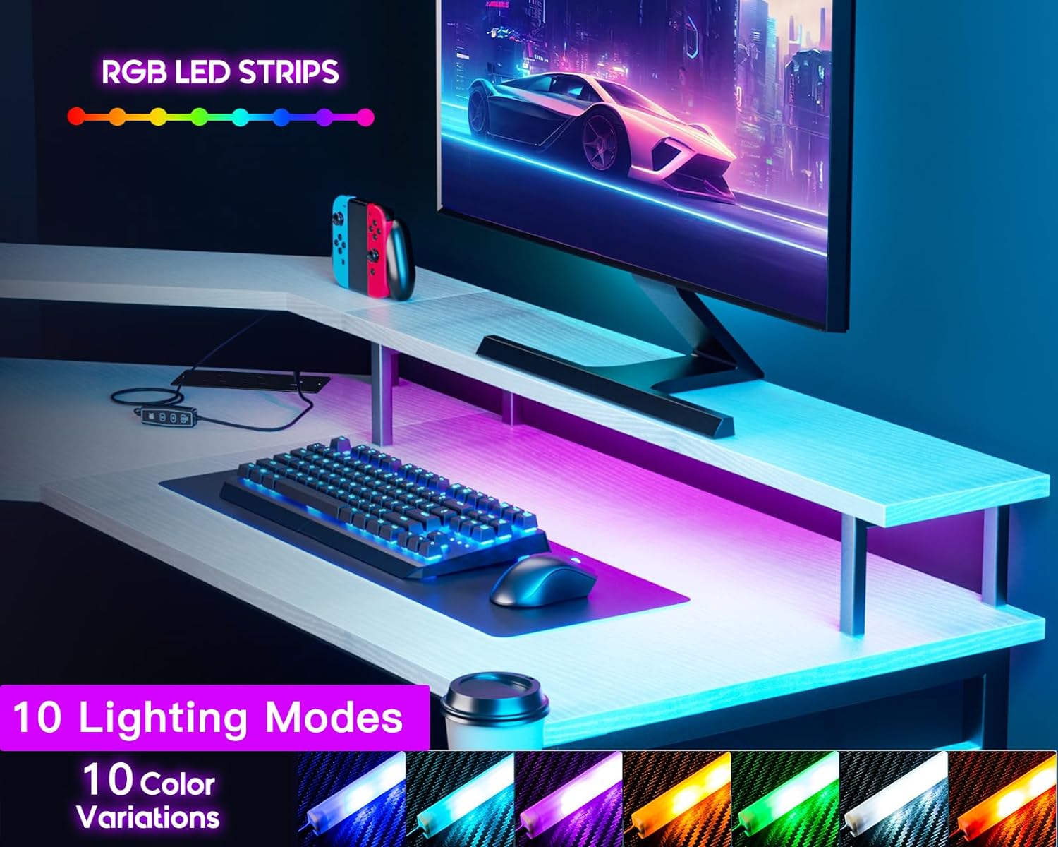 ODK L Shaped Gaming Desk, Computer Desk with LED Lights, Corner Desk with 2 Sockets and 2 USB Charging Ports, Full Monitor Stand Gaming table for Home Office (White, 129 x 129 cm) - Amazing Gadgets Outlet