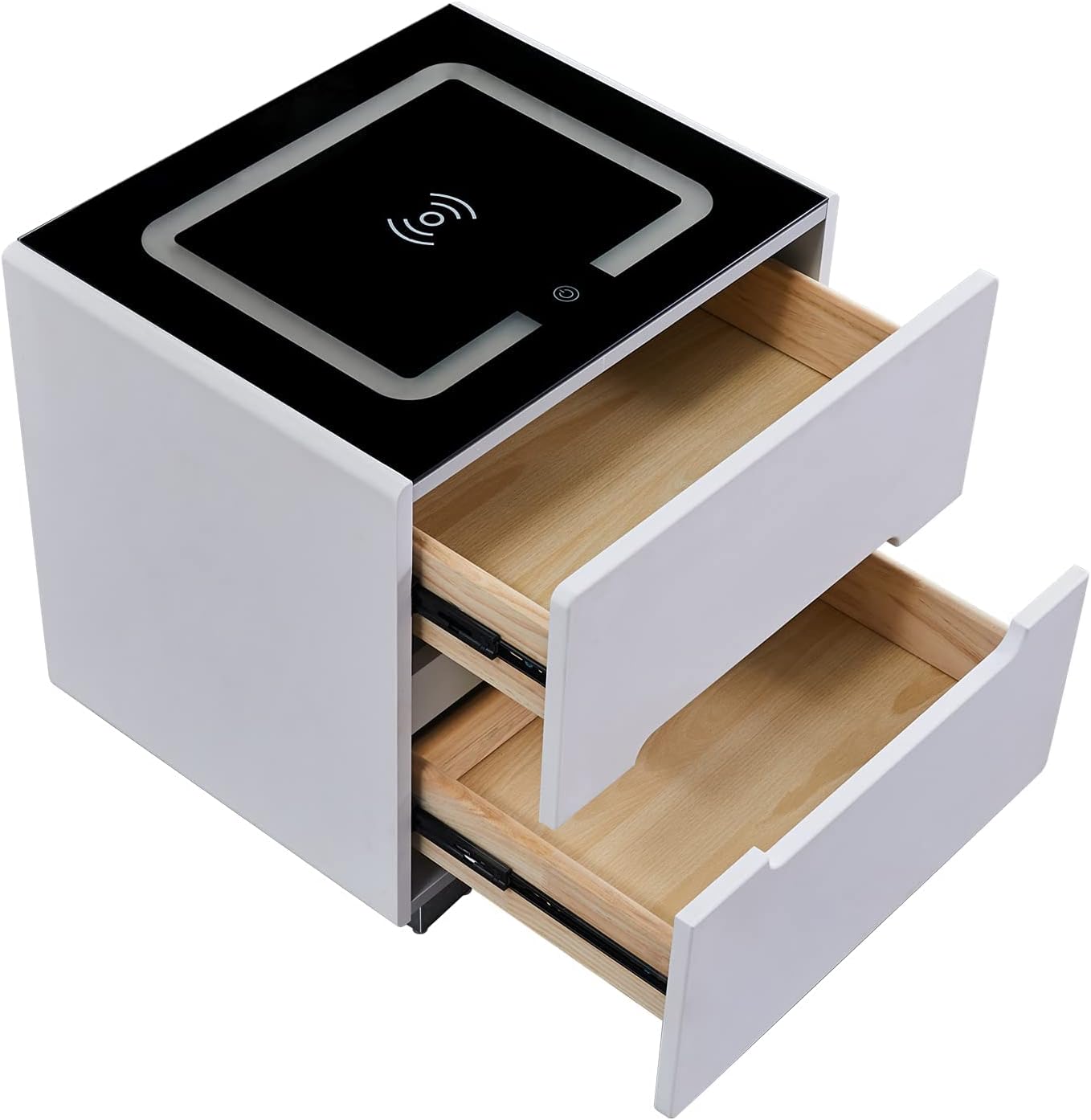 OFCASA 2 Drawers Bedside Table Smart Bedside Table with Wireless Charging Adjustable LED Lights Black Glass Top Nightstand for Bedroom 50 x 42 x 50cm, White - Amazing Gadgets Outlet