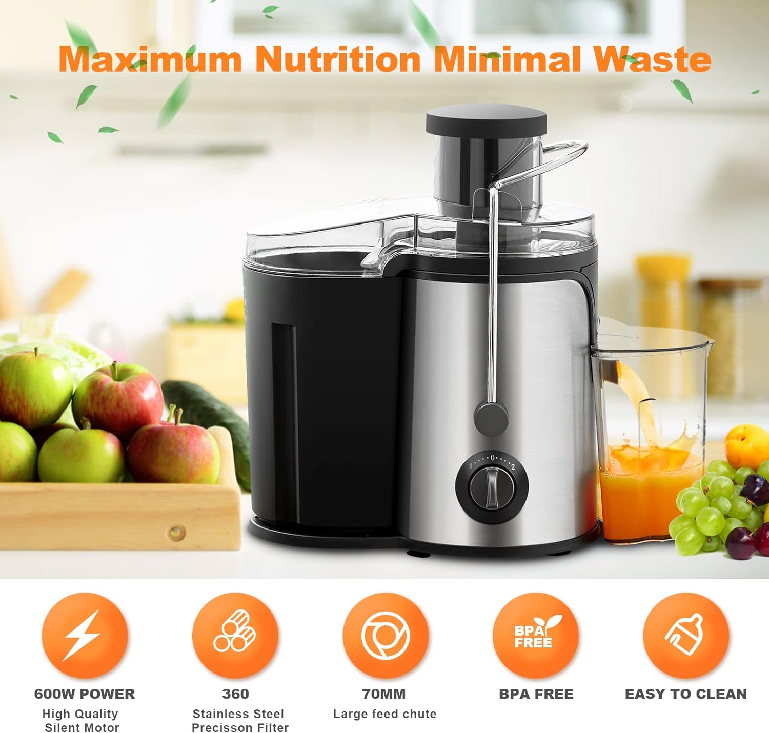 OFCASA Centrifugal Juicer, 600W Juicer Machine for Whole Fruit and Vegetables,70MM Wide Mouth Juicer Extractor 2 Speed Settings, Stainless Steel Juicer Maker Easy to Use & Clean, BPA - Free, Silver - Amazing Gadgets Outlet