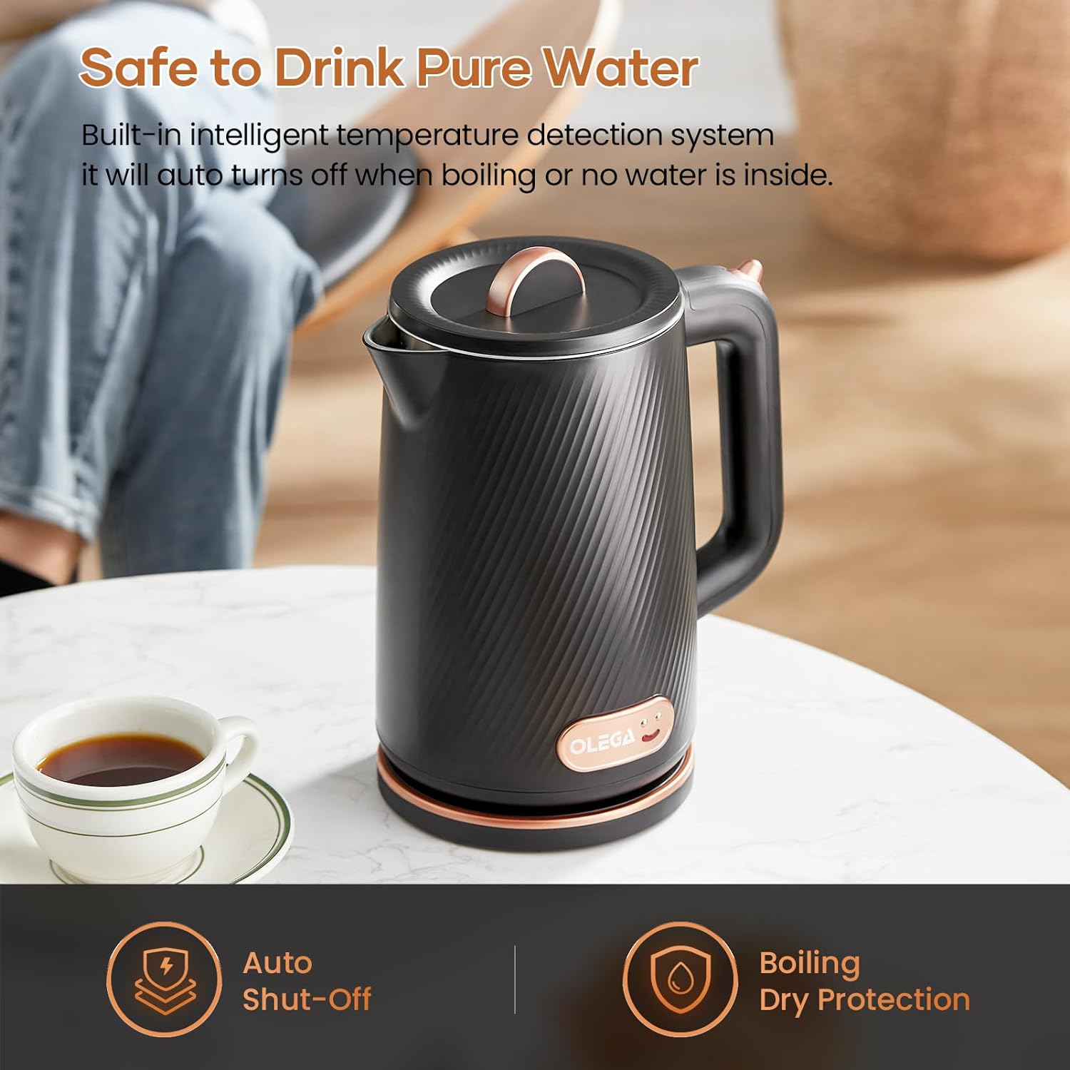 OLEGA Electric Kettle, 1.8L 1500W Hot Water Kettle Electric, Fast Boill BPA - Free Stainless Steel Electric Water Boiler & Heater, Cordless Electric Tea Kettle Teapot for Coffee, Black - Amazing Gadgets Outlet