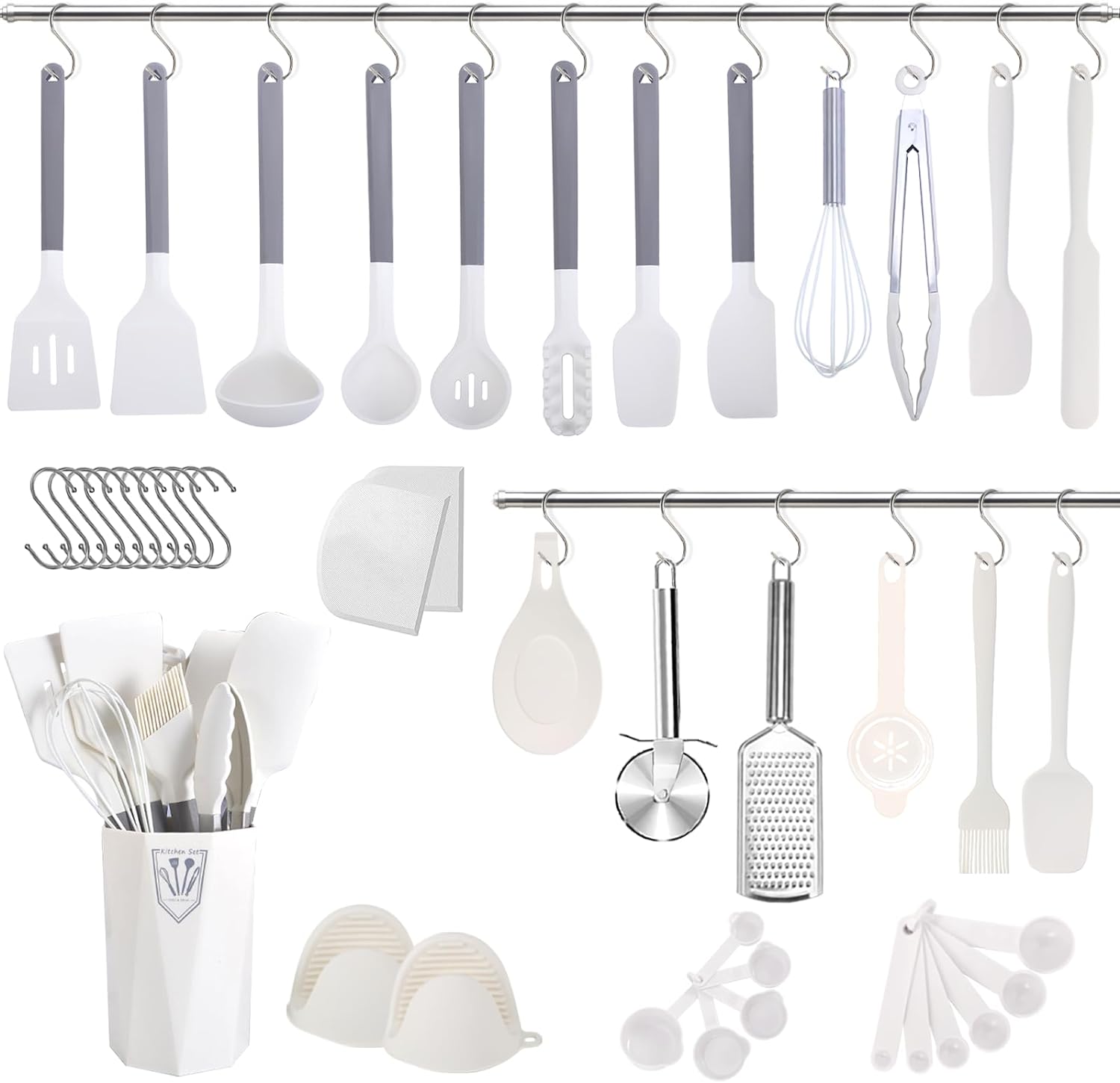 OLIYA 44 Pieces Flat Handle Silicone Kitchen Utensils, Non - Stick Silicone Cooking Tools Spatula Set with Tray, Silicone Kitchen Gadgets Set (White) - Amazing Gadgets Outlet