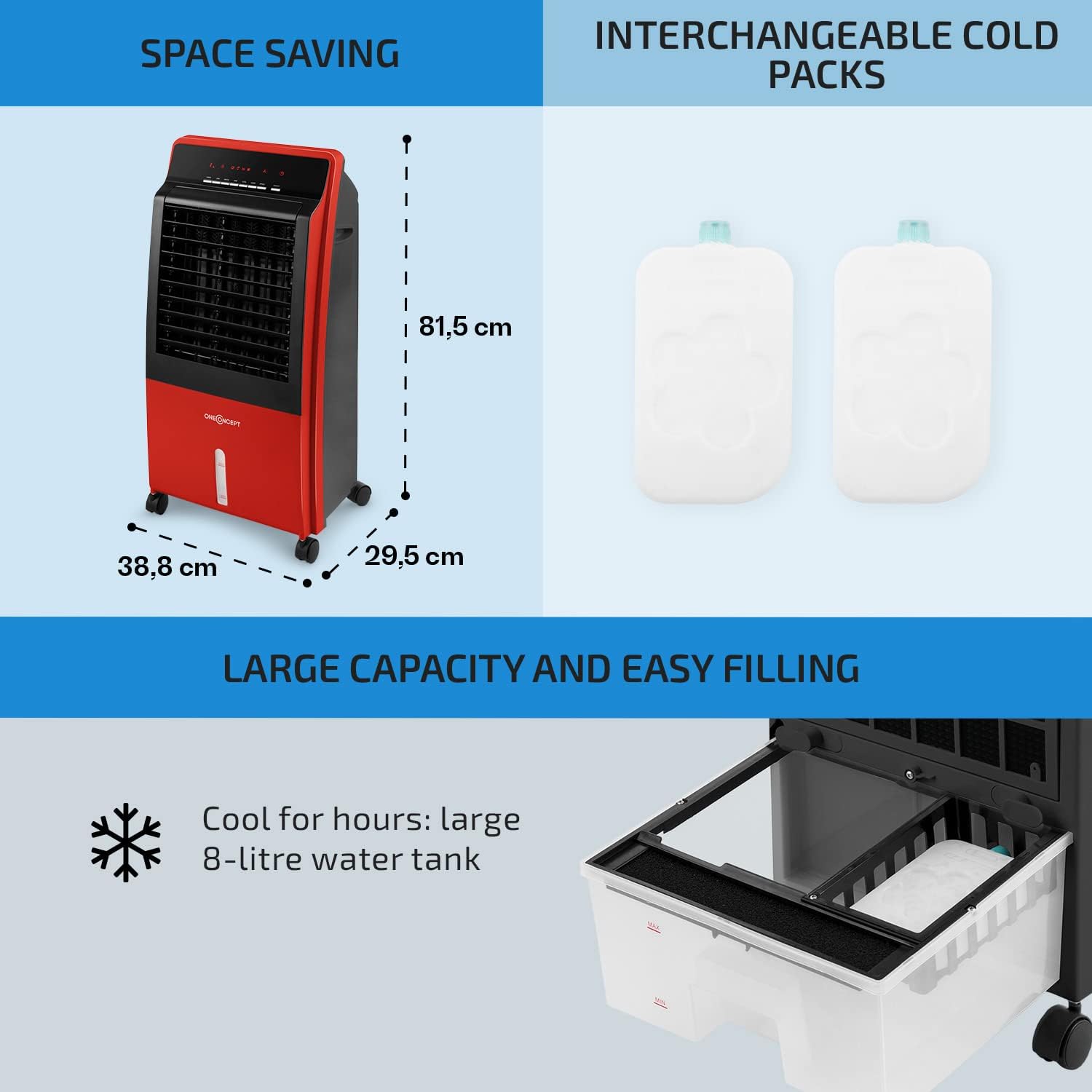 OneConcept 4 - in - 1 Air Cooler, Fan, Humidifier, Purifier and Ioniser w/ 2x Ice Packs, 8L, Remote Control, 9H Timer, 360 m³/h, 65W Aircon Room Cooler for Homes & Offices, Portable Air Conditioning Unit - Amazing Gadgets Outlet