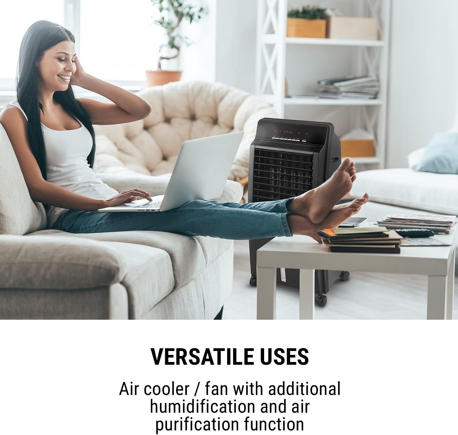 Oneconcept 4 - in - 1 Air Cooler, Fan, Humidifier, Purifier/Ioniser I w/ 2x Ice Packs, 8L, Remote Control, 9H Timer, 360 m³/h, 65W Room Cooler for Homes & Offices I Portable Air Conditioning Unit, Black - Amazing Gadgets Outlet