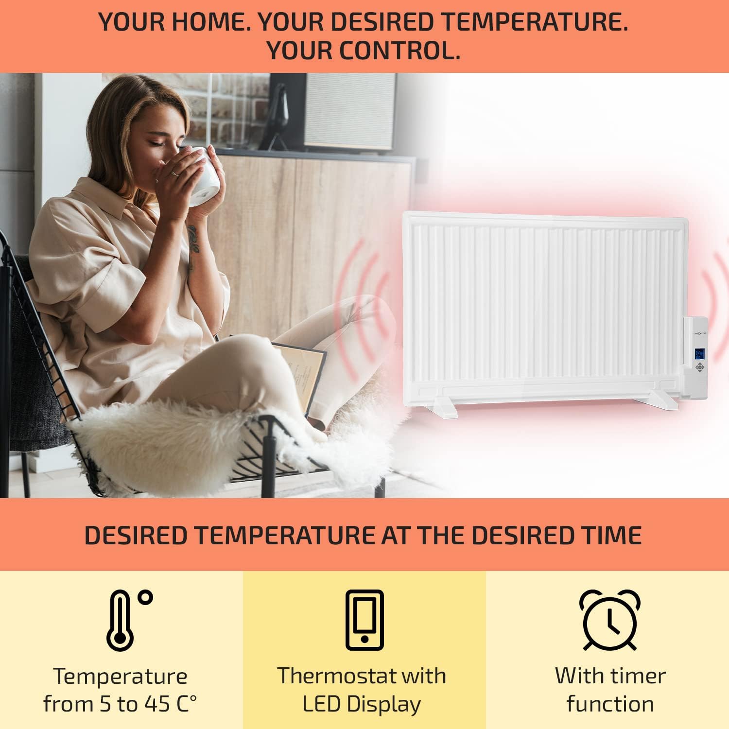 oneConcept Heater Radiator, Oil Heaters for Home Low Energy Silent, 800W Wall Mount Oil Radiator Thermostat, Free Stranding Portable Room Heater w/Touch Control, Smart Personal Heating Oil Radiators - Amazing Gadgets Outlet