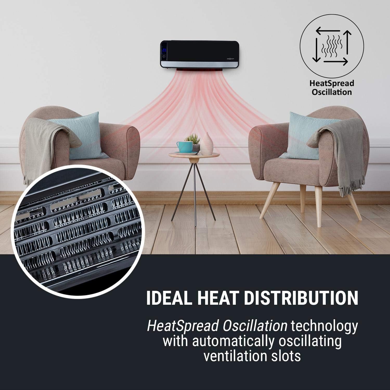 oneConcept Wallkyrie Tower Heater - Fan Heater, Power: 1200/2000 Watts, 8 - Hour Timer, Thermostat, 3 Speed Levels, Switchable Oscillation, Touch Control Pane, Includes Remote Control, Colour: Black - Amazing Gadgets Outlet