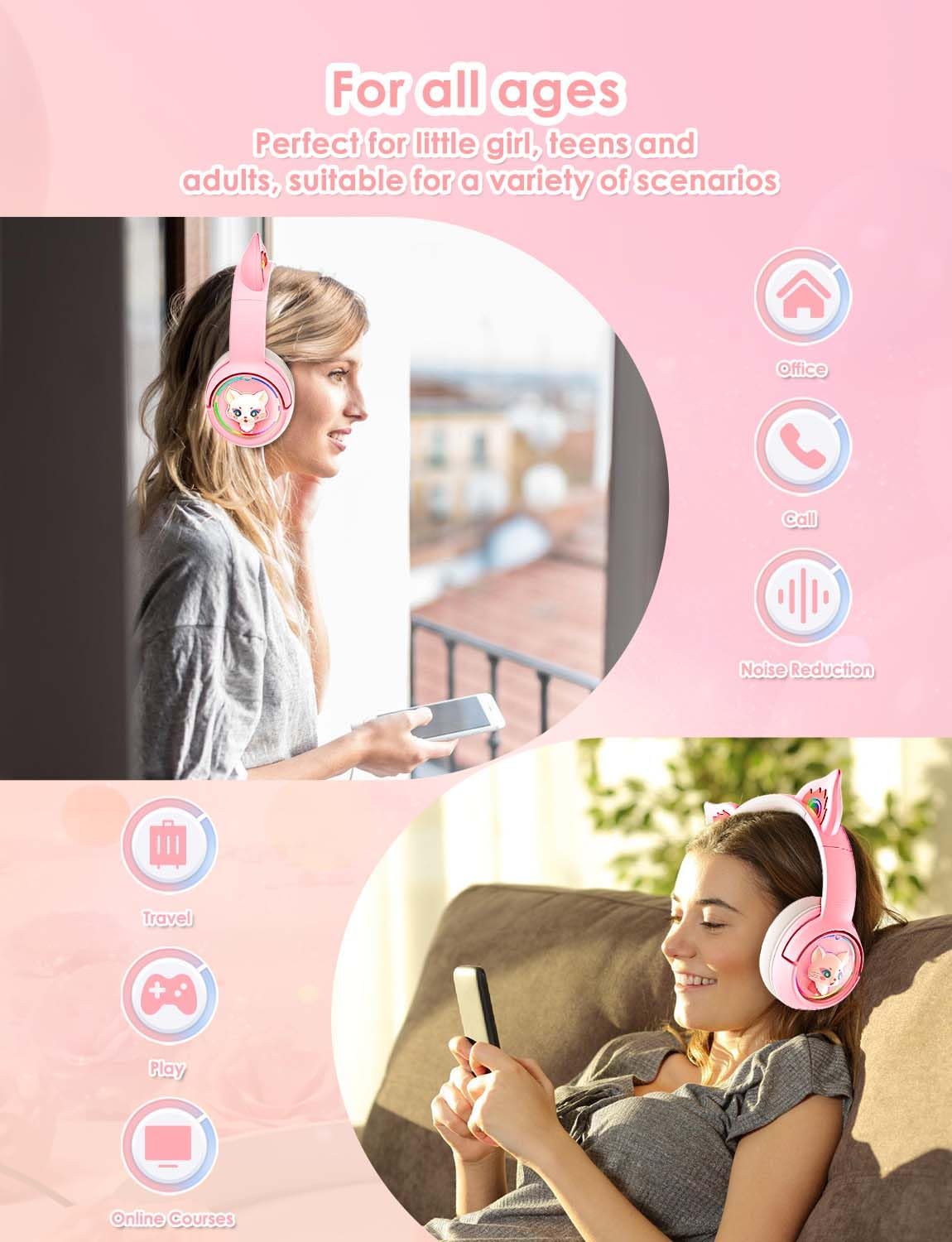 ONITOON Cute Cat Bluetooth Headphones,Wired & Wireless Headset Built in Mic, 60H Playtime LED Light Up Cat Ear for Girls Women School Gaming Compatible with Mobile Phones PC Tablet Laptop - Amazing Gadgets Outlet