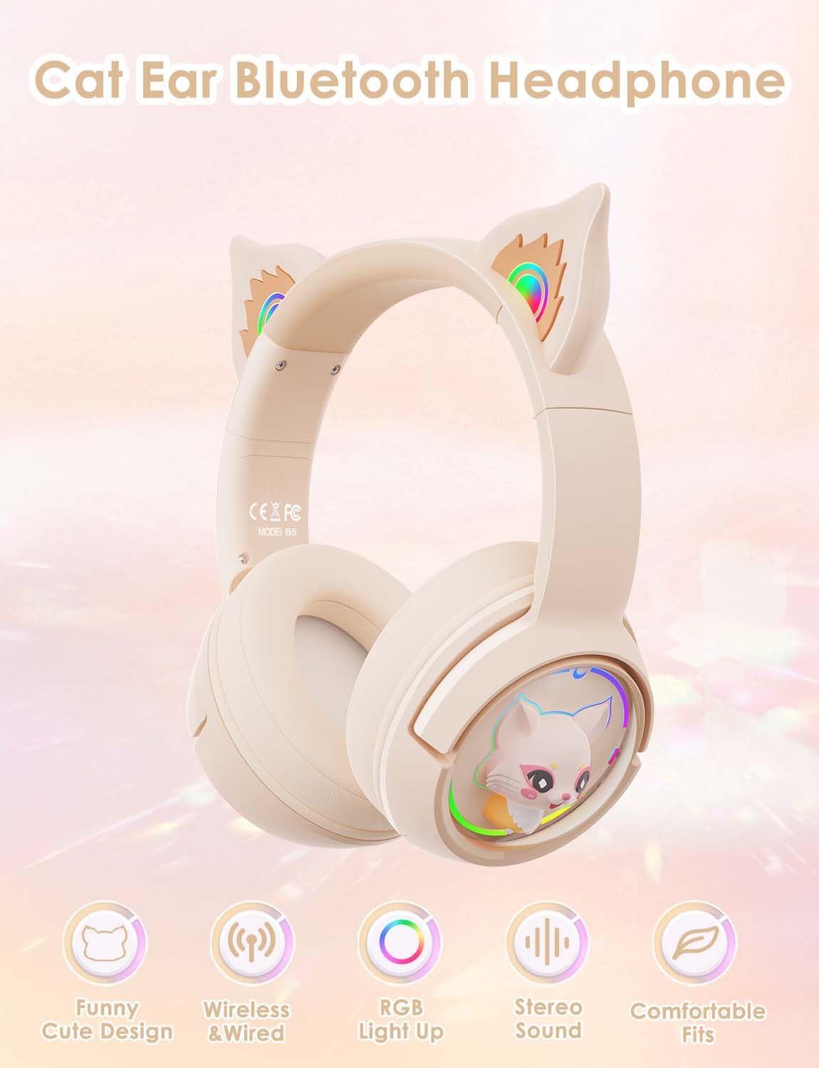 ONITOON Cute Cat Bluetooth Headphones,Wired & Wireless Headset Built in Mic, 60H Playtime LED Light Up Cat Ear for Girls Women School Gaming Compatible with Mobile Phones PC Tablet Laptop - Amazing Gadgets Outlet